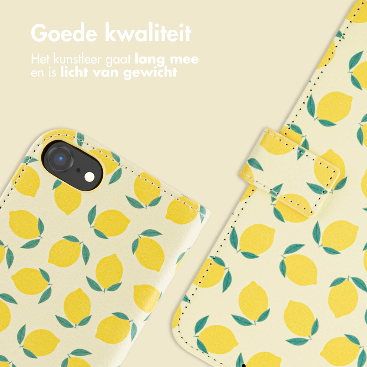Geel citroenpatroon op een telefoonhoesje en een flap. Tekst: Goede kwaliteit. Kunstleer duurt lang.
