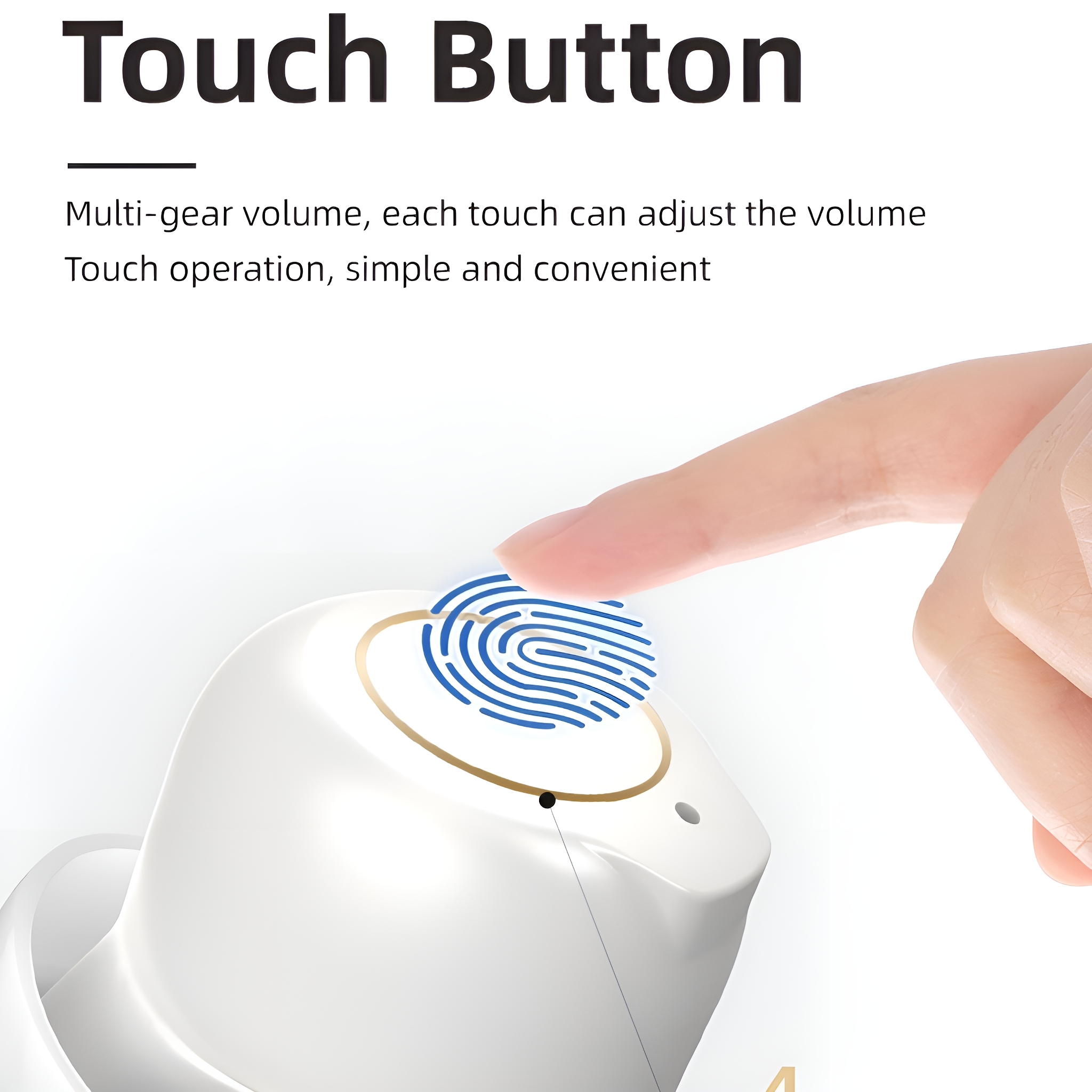 Ein Finger berührt einen weißen Ohrhörer mit Fingerabdruckgrafik, Touch-Button-Konzept.