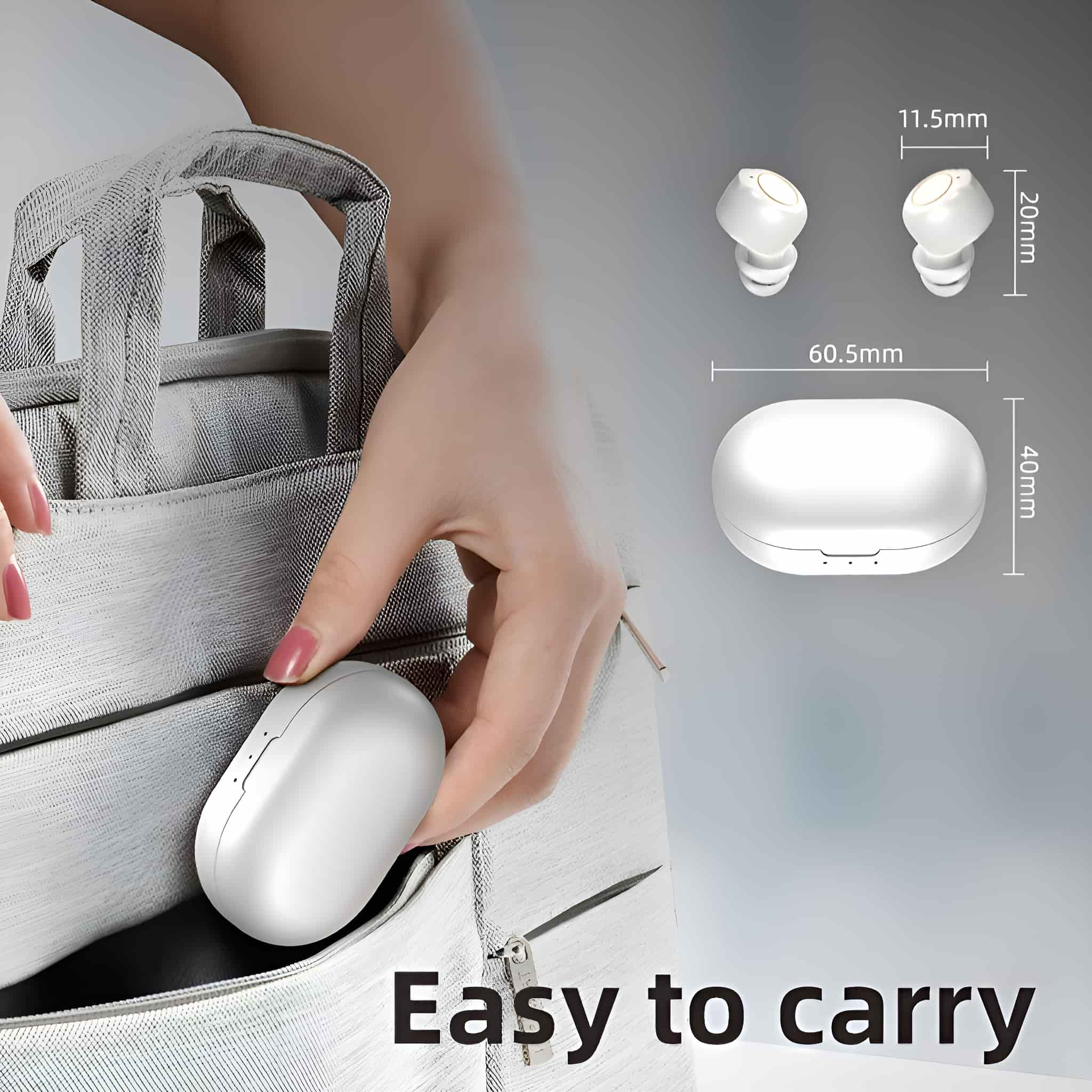 Eine Person nimmt weiße Ohrhörer aus einer grauen Tasche, mit Produktabmessungen.