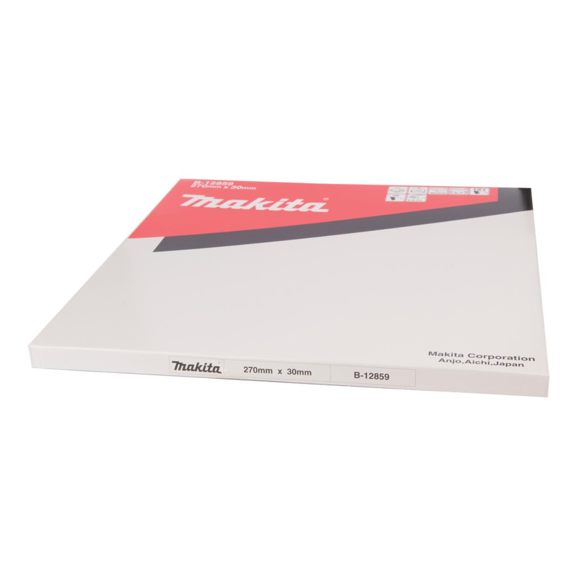 Makita-Box, weiß mit roten und schwarzen Akzenten. Text: Makita und B-12859 270 mm x 30 mm.