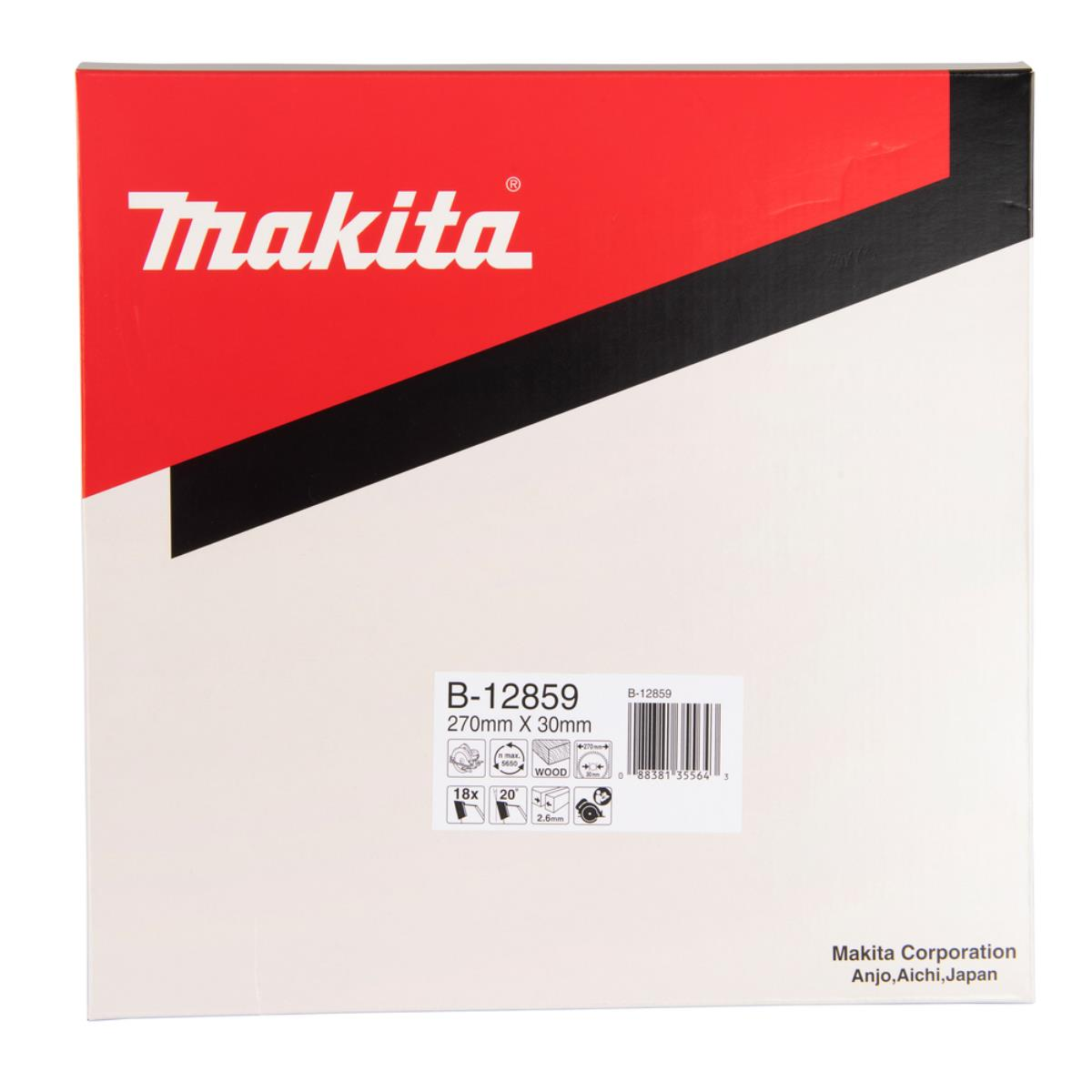 Eine weiße Schachtel mit schwarzem und rotem Text und Grafiken mit dem Markennamen Makita.