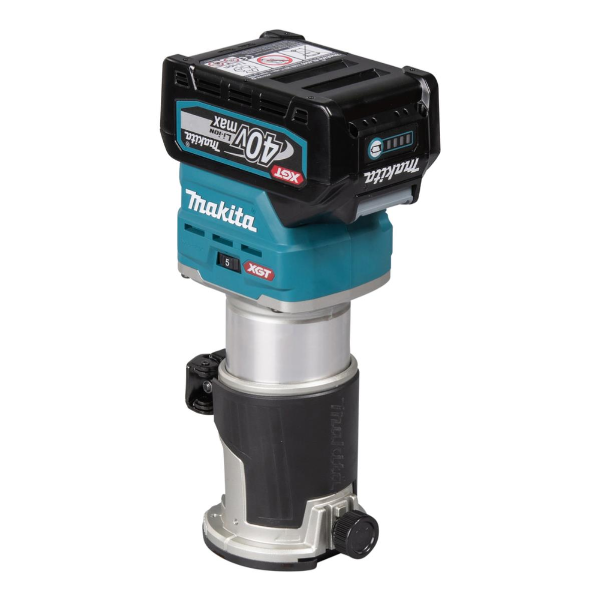 Ein kabelloses Makita-Elektrowerkzeug. Es ist schwarz und türkis mit einem schwarzen Akku. Es ist auf weißem Hintergrund.