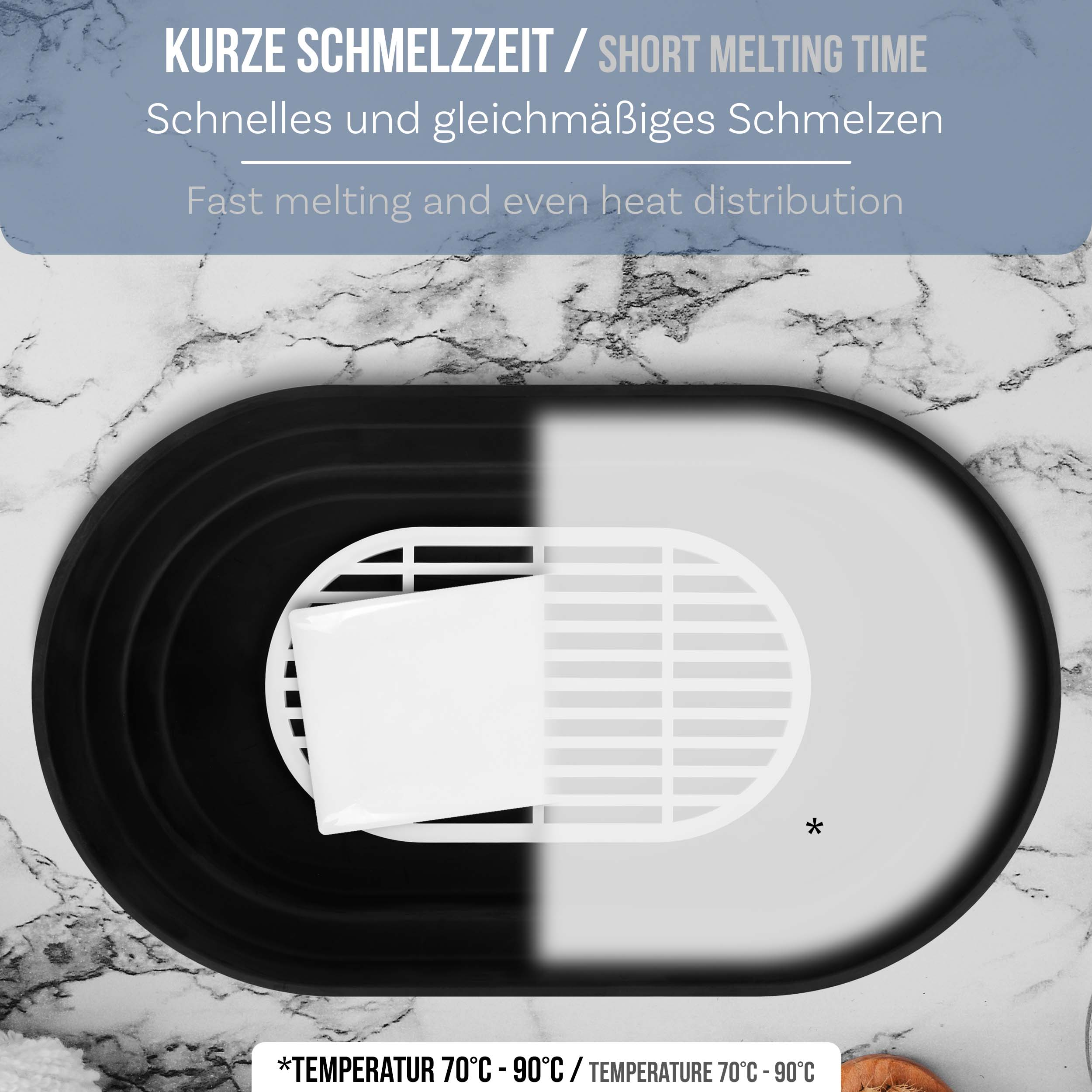 Schwarz-weißes Tablett. Es zeigt Text über kurze Schmelzzeit und Wärmeverteilung.
