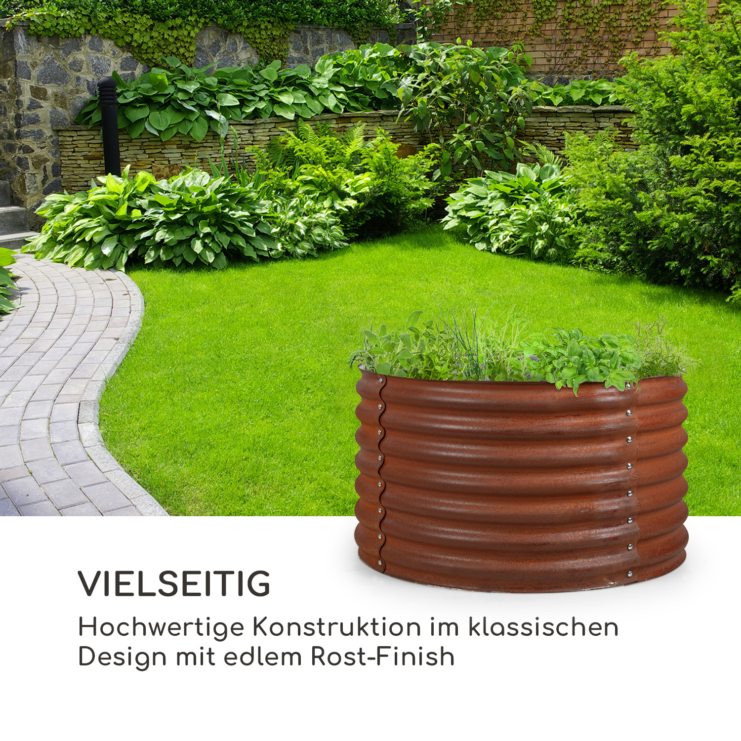 Ein Hochbeet aus gewelltem Metall, bepflanzt, auf Rasen.
