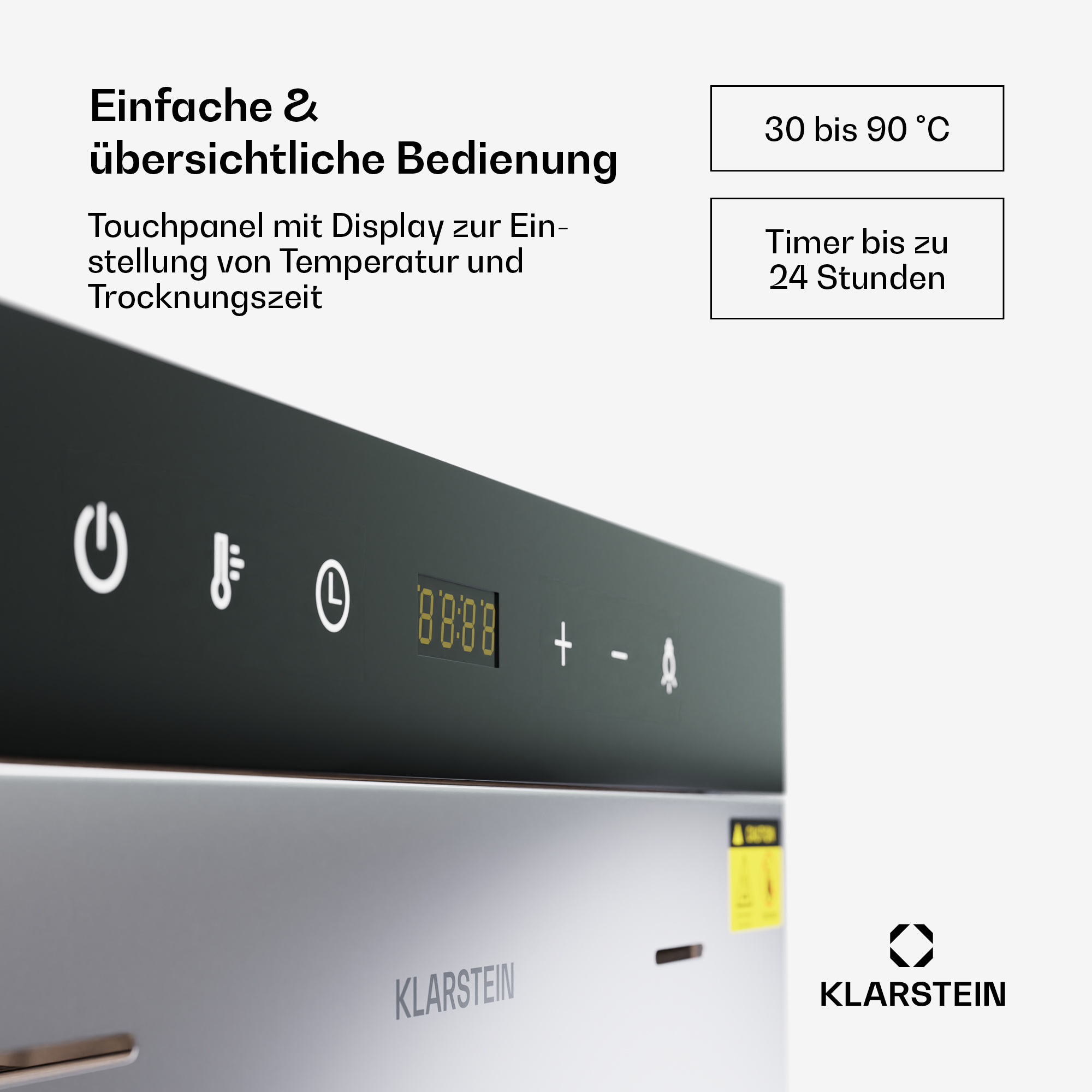 Ein Küchengerät mit einem digitalen Display, das die Kocheinstellungen und den Markennamen Klarstein anzeigt.