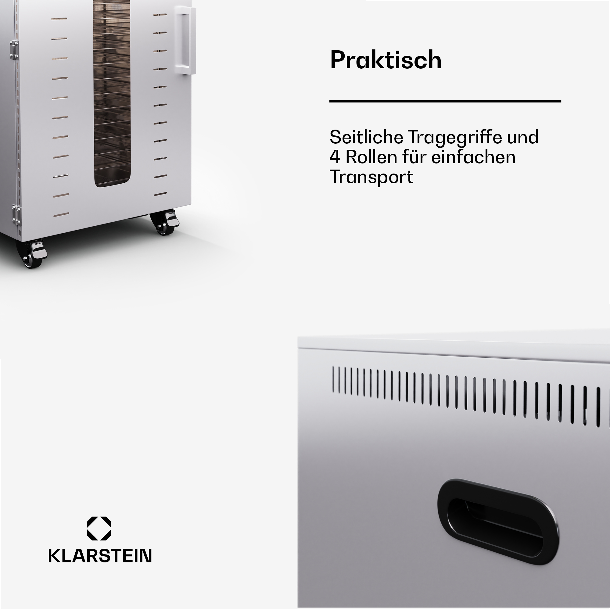 Weiß-graue Klarstein-Lebensmittel-Trocknungsmaschine mit schwarzem Griff und Rädern.