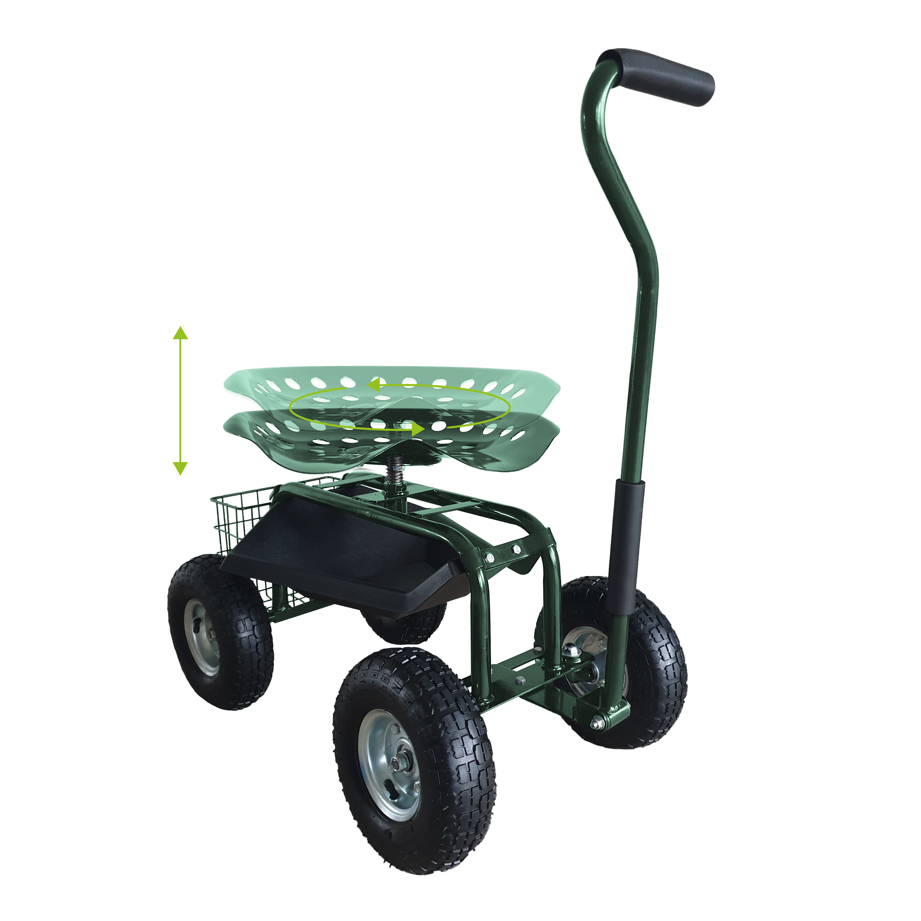 Grüner Gartenwagen mit Sitz. Der Sitz ist hochgeklappt, zum Sitzen bereit.