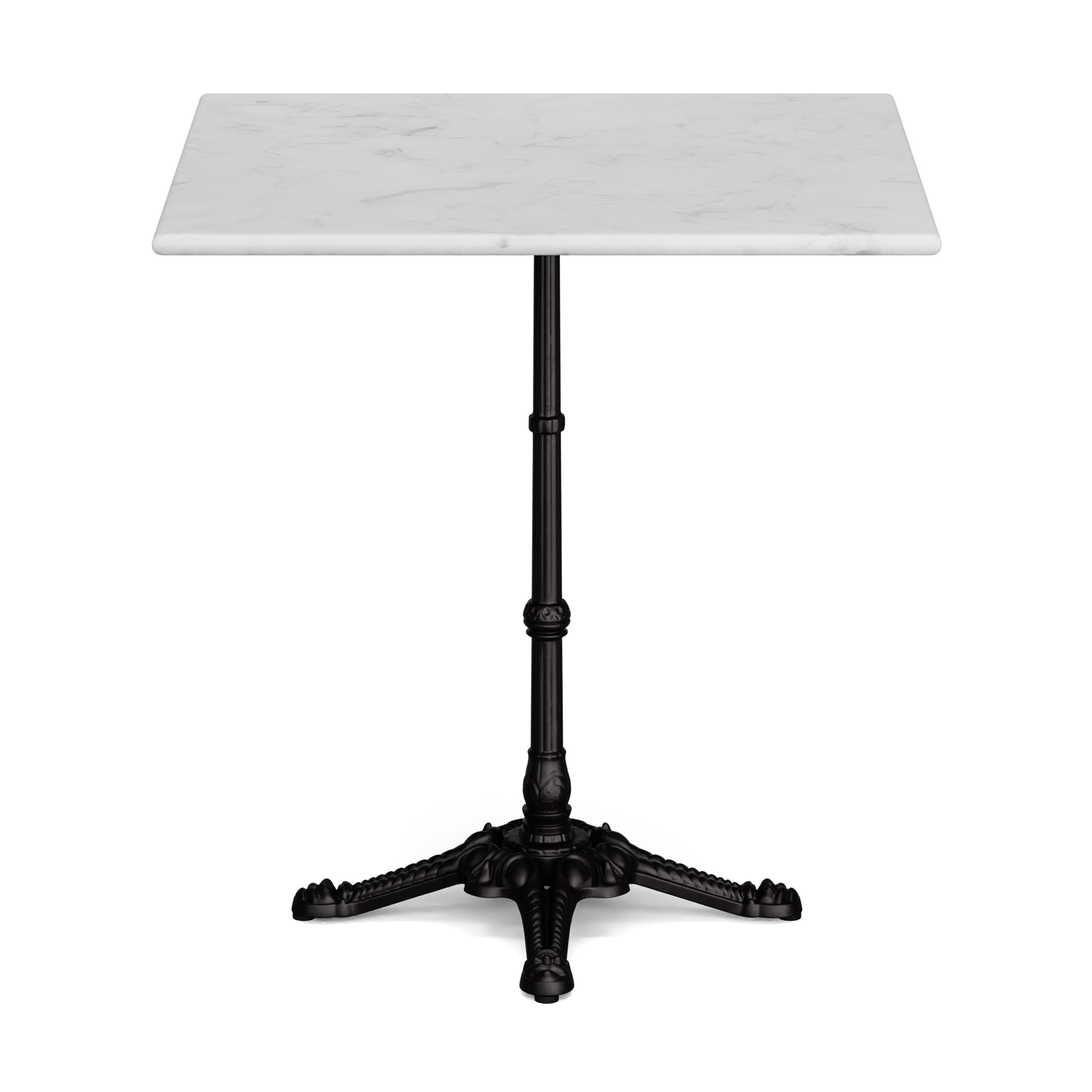 Quadratischer weißer Marmortisch mit schwarzem Metallsockel. Weißer Hintergrund.