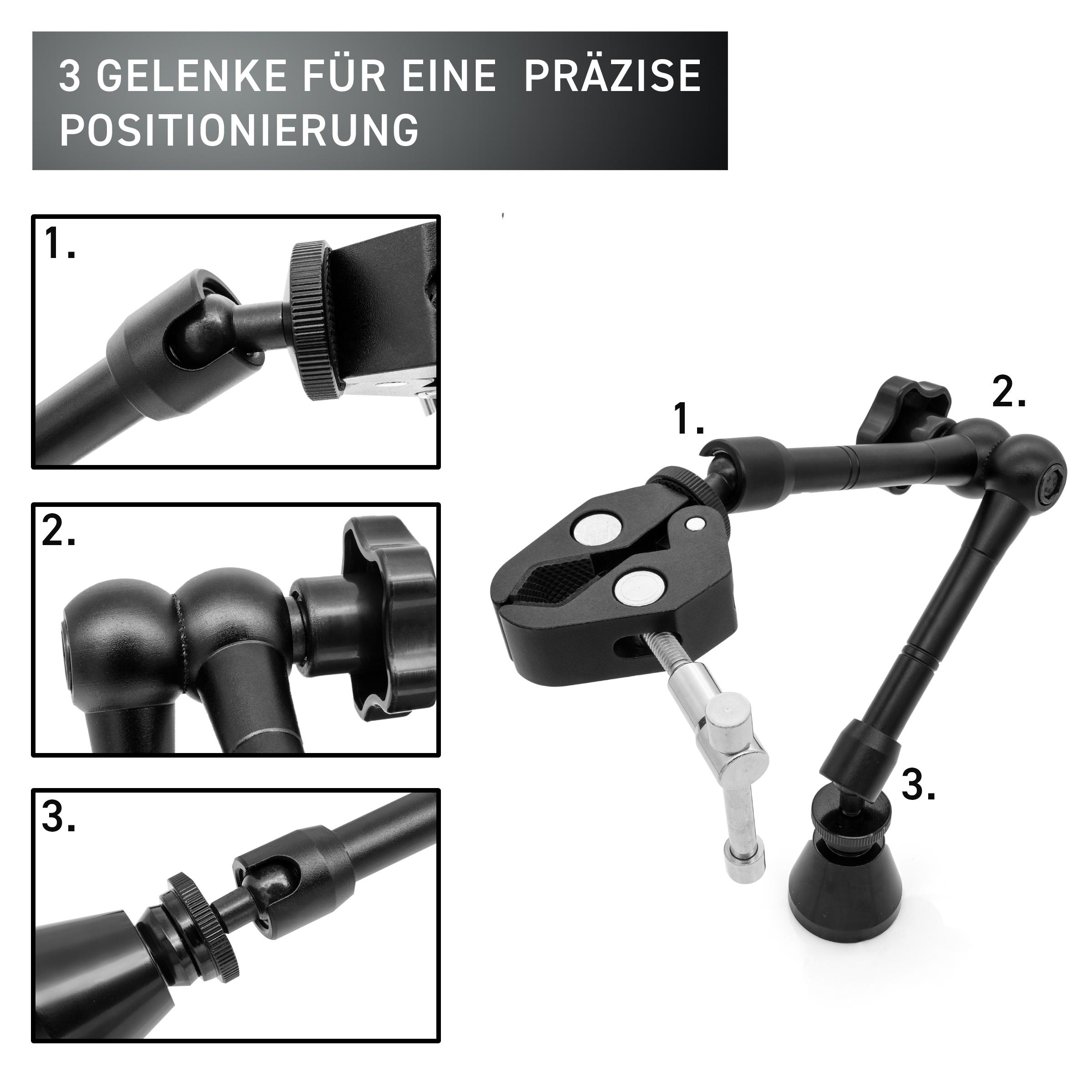 Verstellbarer schwarzer Arm mit Gelenken, einer Klemme und einer magnetischen Basis, die eine dunkle Oberfläche hält.