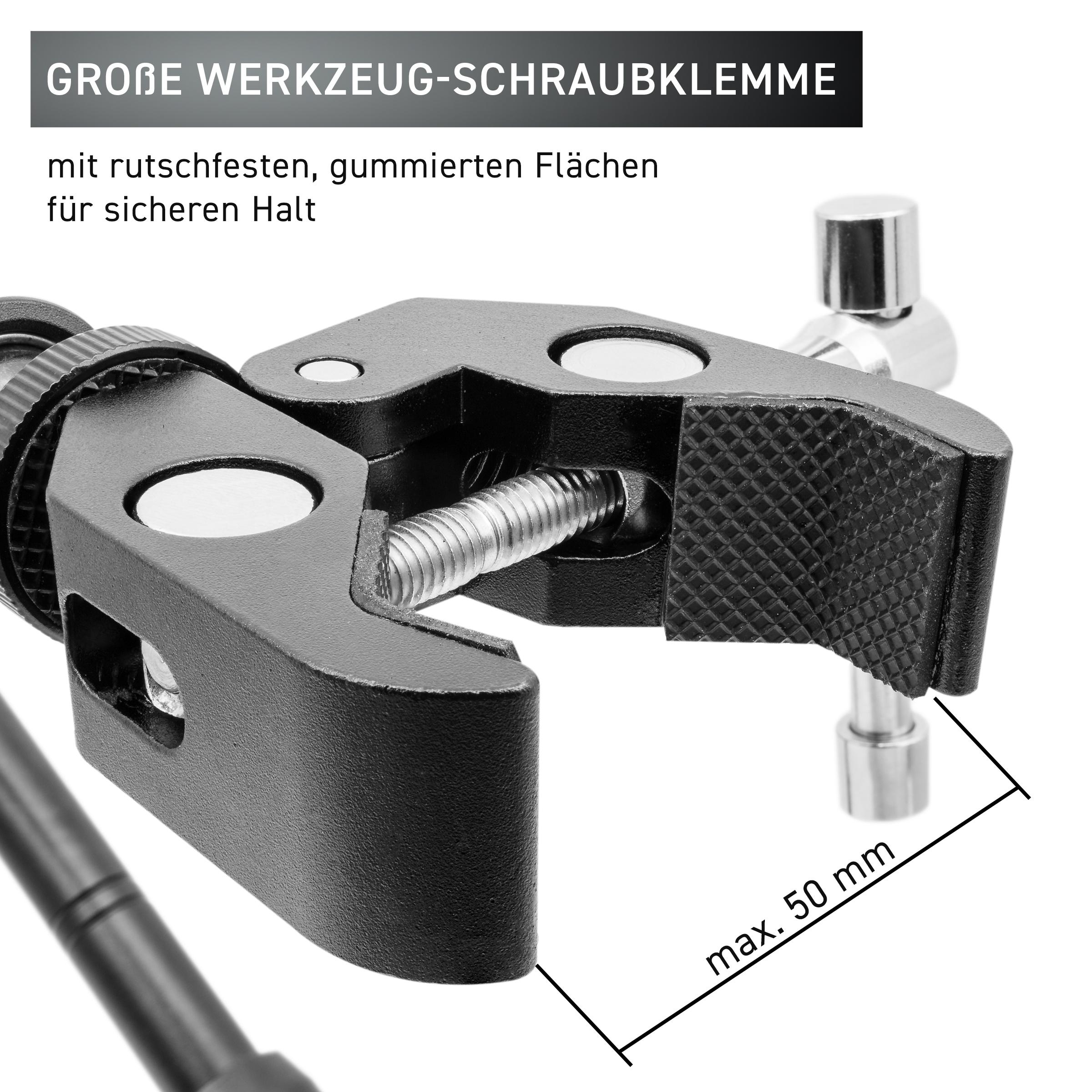 Schwarze Werkzeugklemme. Die Klemme hat eine Schraube und Gummioberflächen. Auf dem Etikett steht "max. 50 mm".