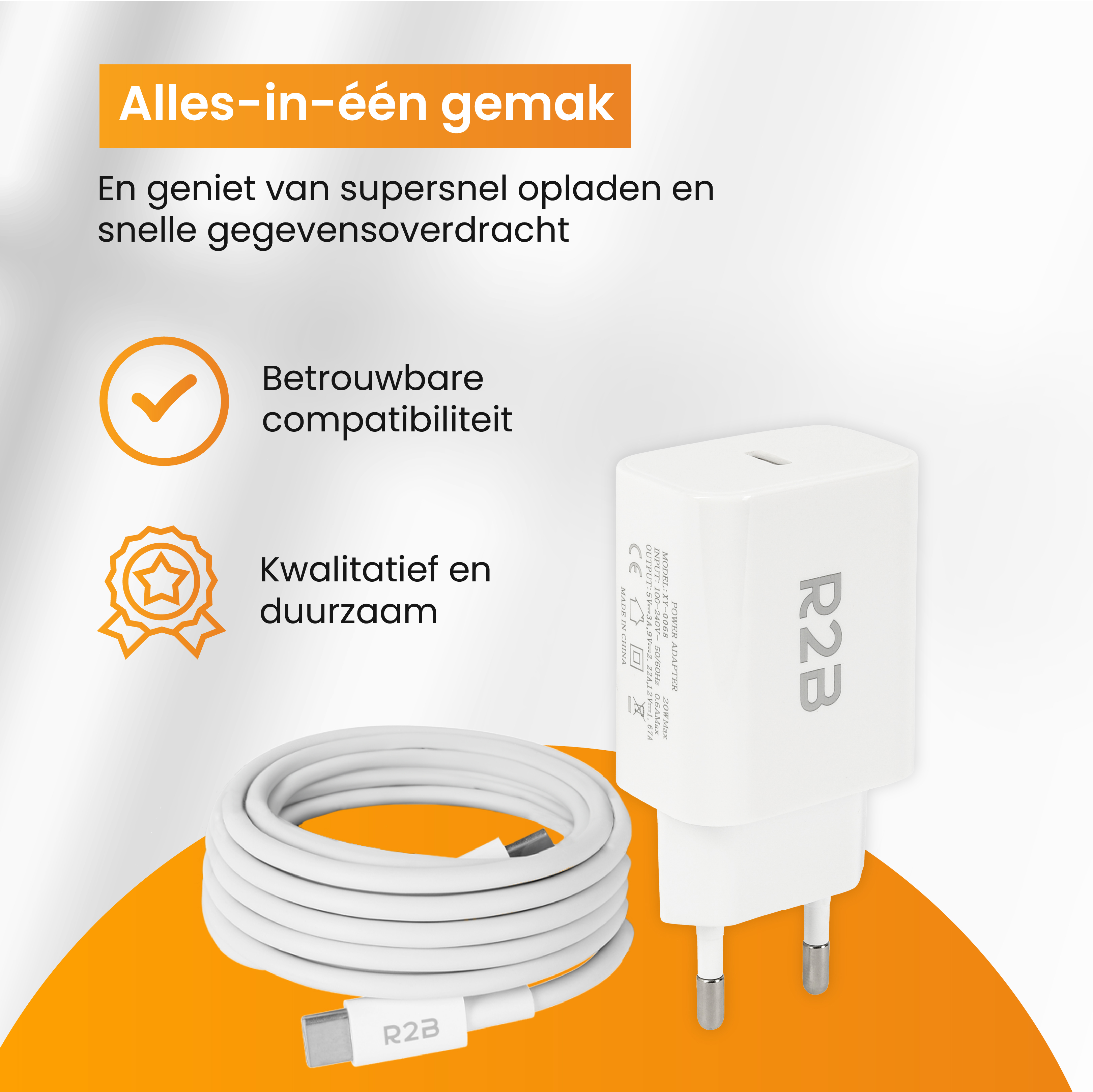 Ein weißer Ladeadapter und -kabel mit Symbolen und Text, der Funktionen wie zuverlässige Kompatibilität beschreibt.