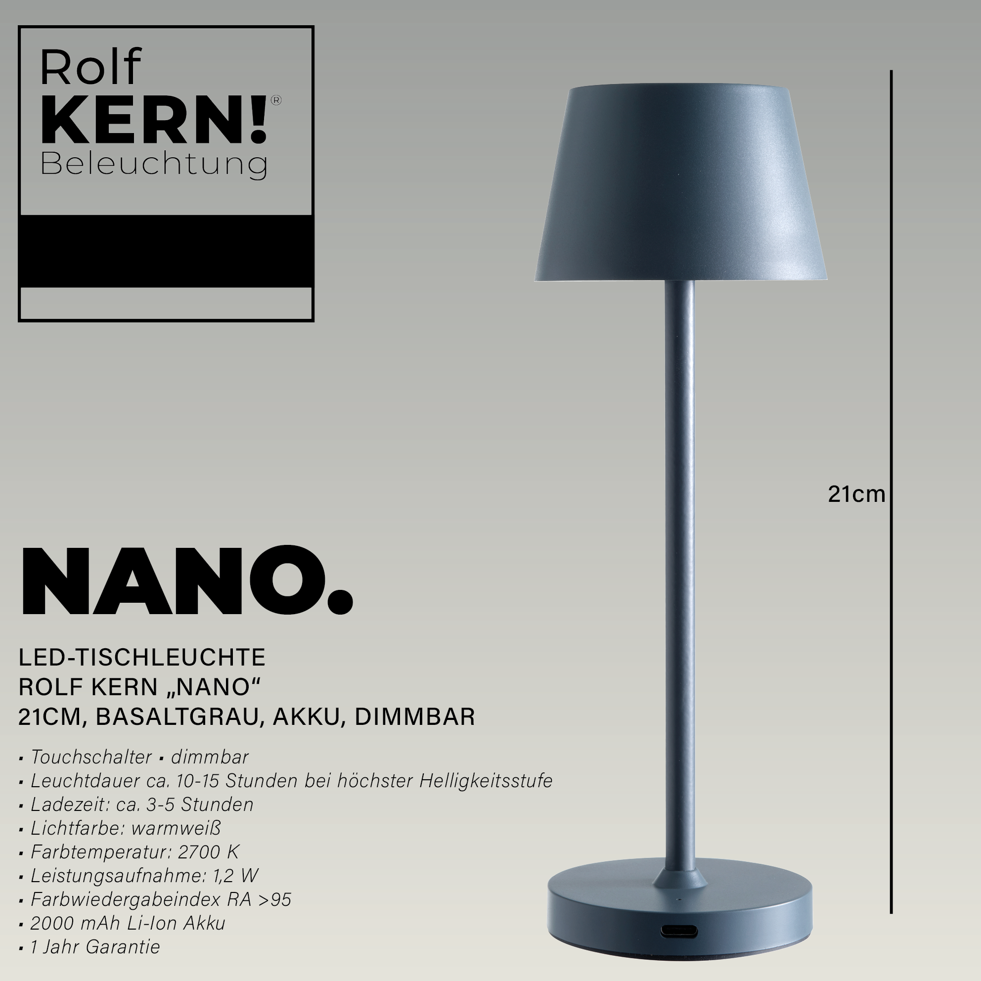 Dunkelgraue Tischlampe mit Schirm und rundem Fuß. Text: Nano.