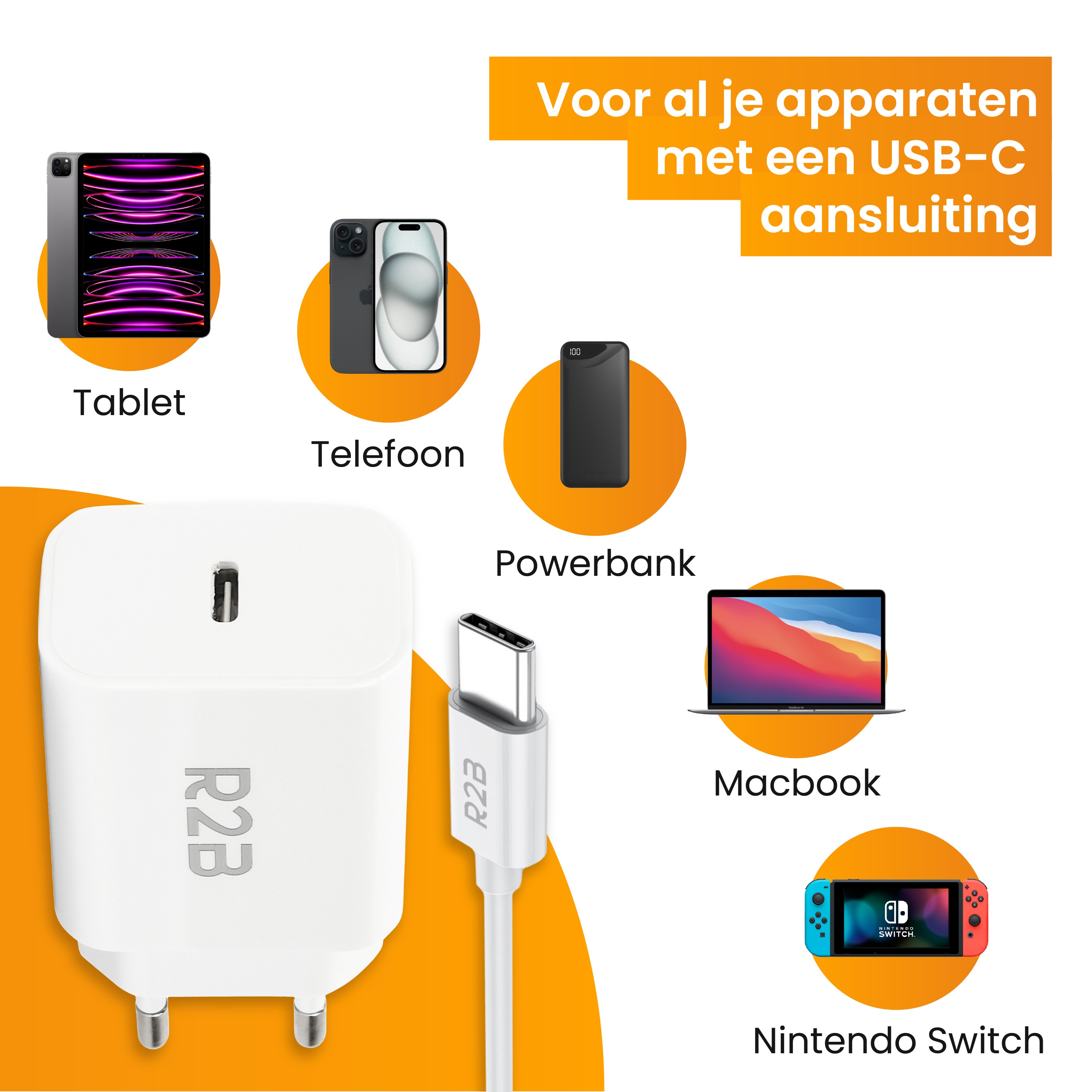 Verschiedene Geräte mit USB-C: Tablet, Telefone, Powerbank, Macbook und Nintendo Switch. Weißes Ladegerät.