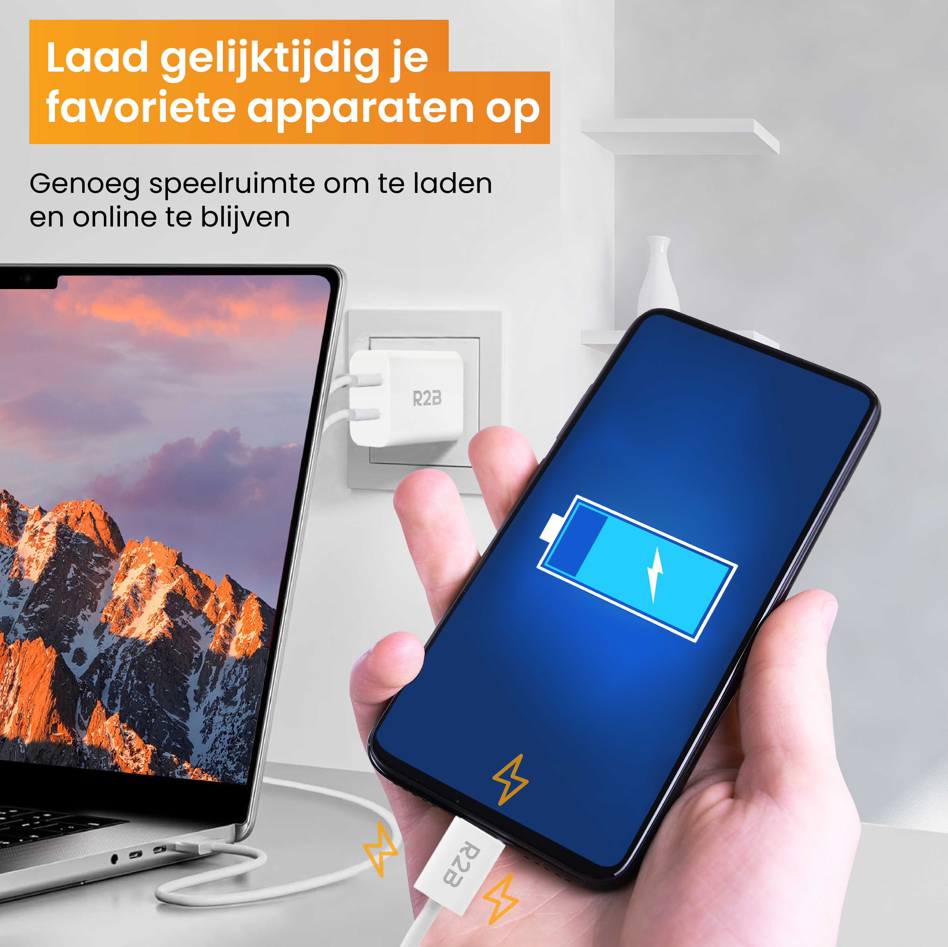 Un téléphone en charge et un ordinateur portable branché sur un chargeur, avec indicateur de charge.