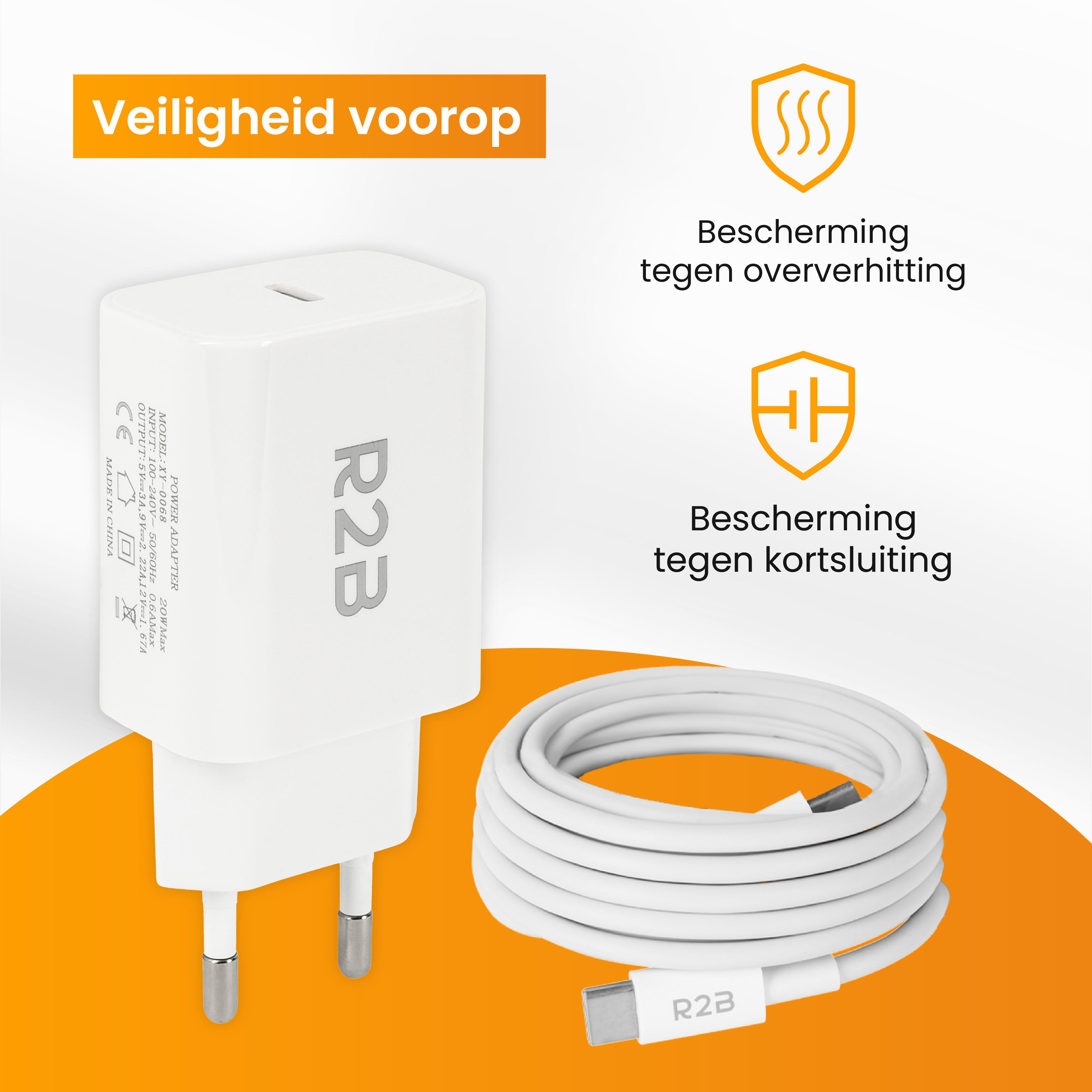 Weißes Netzteil und weißes Kabel auf weißer Oberfläche mit Text und Grafiken.