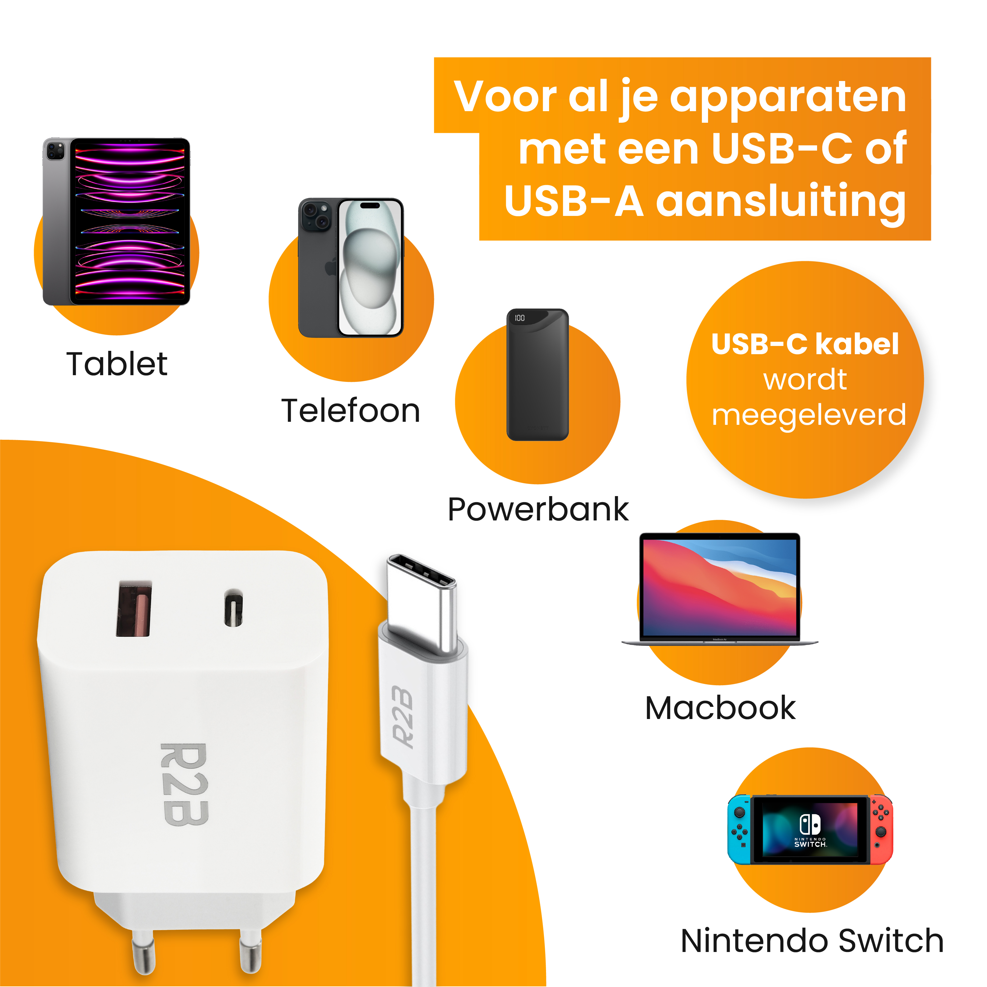 Un chargeur blanc avec un câble USB-C et des images d'une tablette, d'un téléphone, d'une batterie externe, d'un ordinateur portable et d'une Switch.