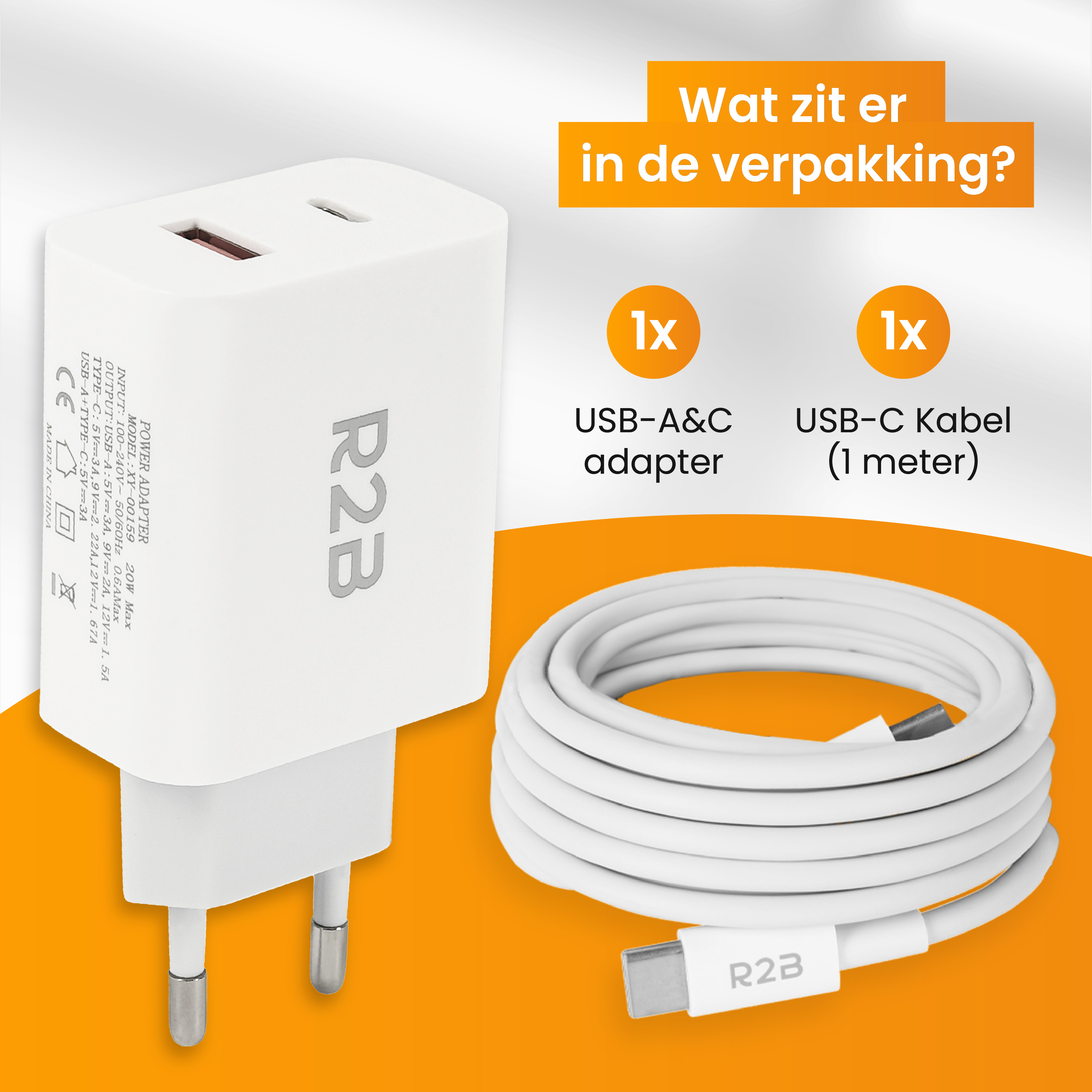 Un chargeur R2B blanc avec un adaptateur USB-A&C et un câble USB-C. Texte ci-dessus : "Qu'y a-t-il dans la boîte ?"