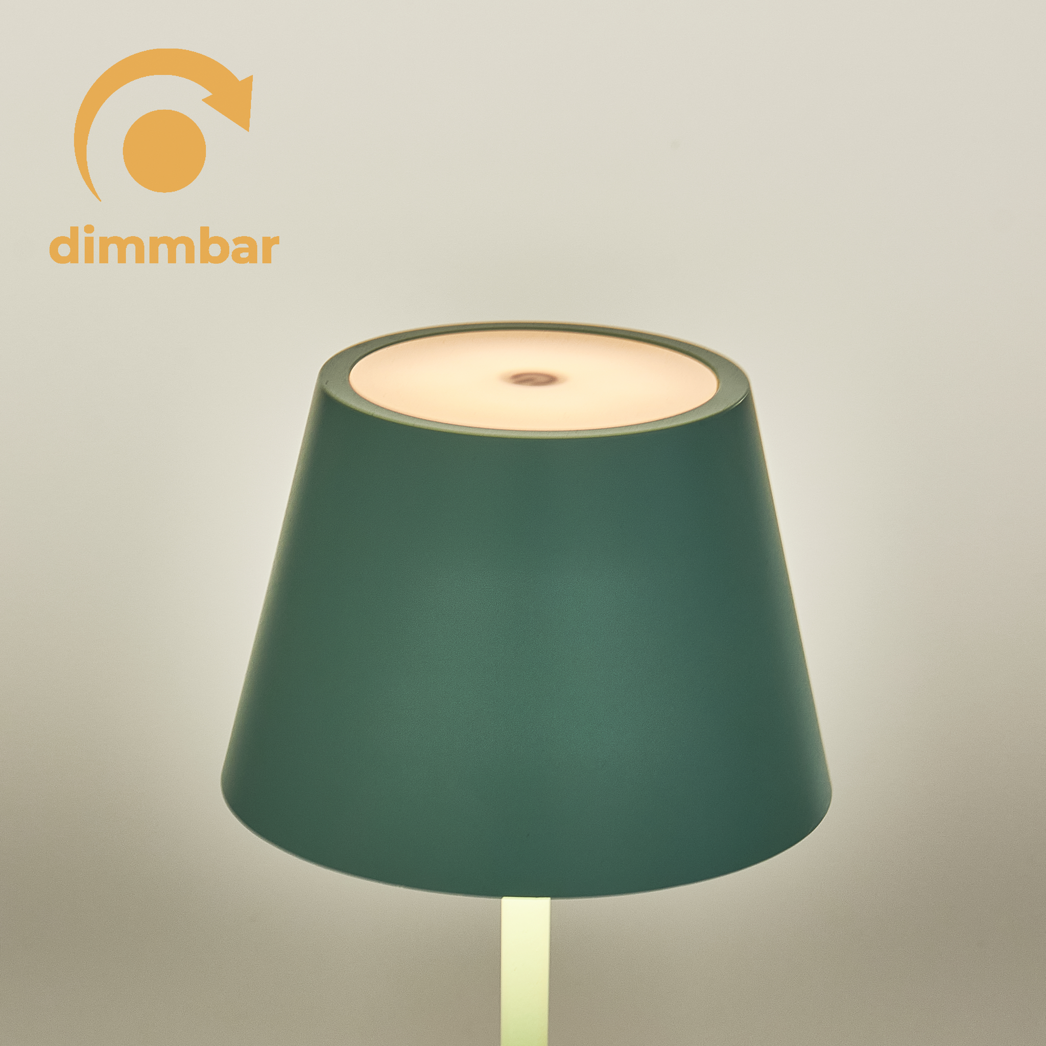 Eine grüne Lampe mit weißer Oberseite und goldenem Sockel, mit dem Wort dimmbar links.