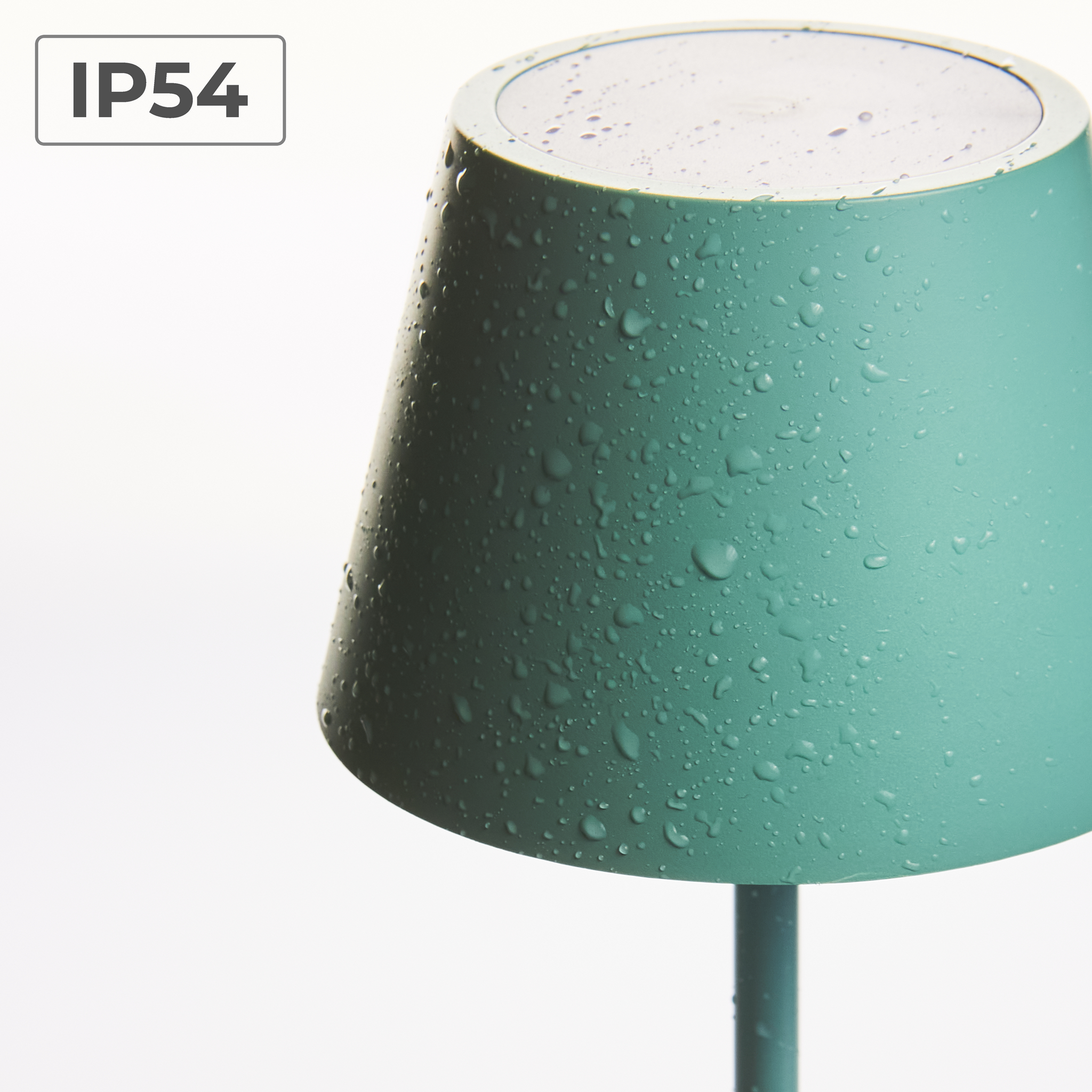 Türkisfarbene Außenlampe mit Wassertropfen. Sie ist kegelförmig und hat IP54.