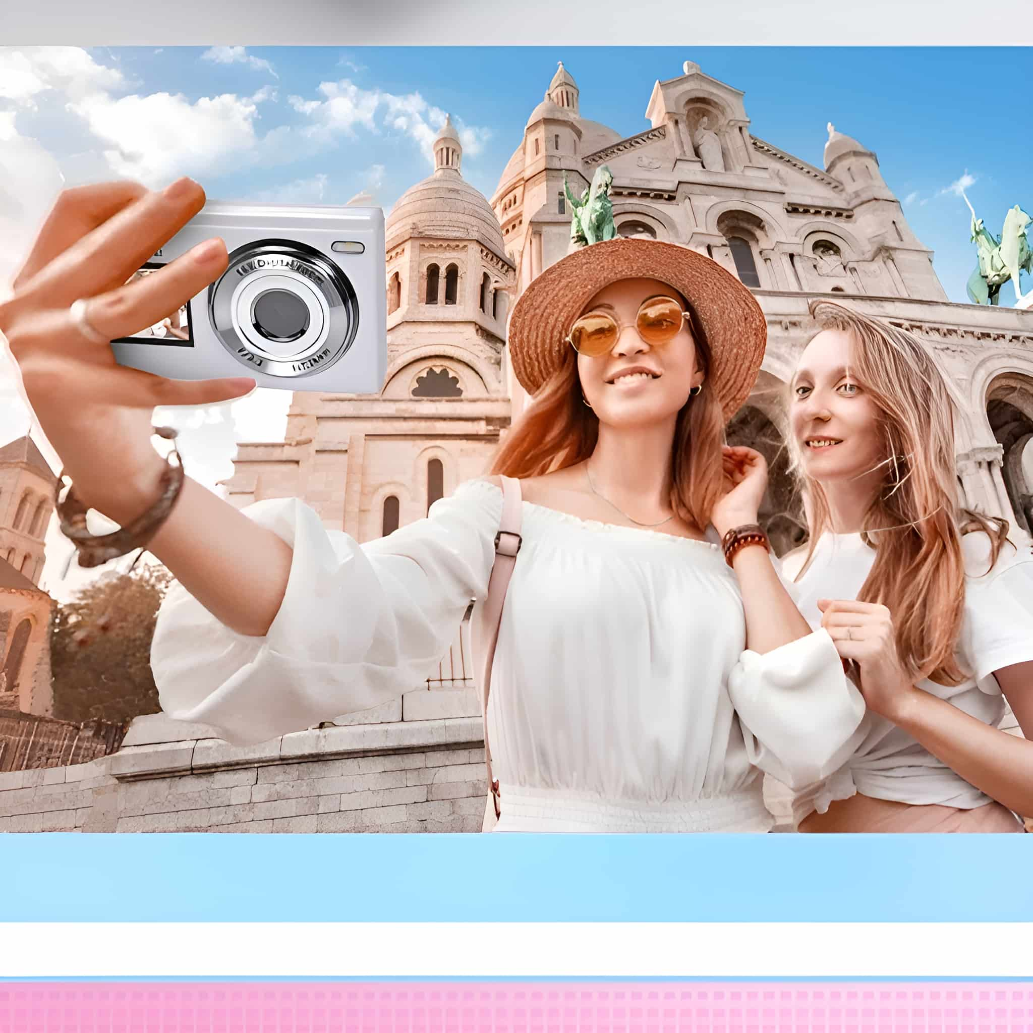 Zwei Frauen machen ein Selfie mit einer silbernen Kamera vor einer Kirche.