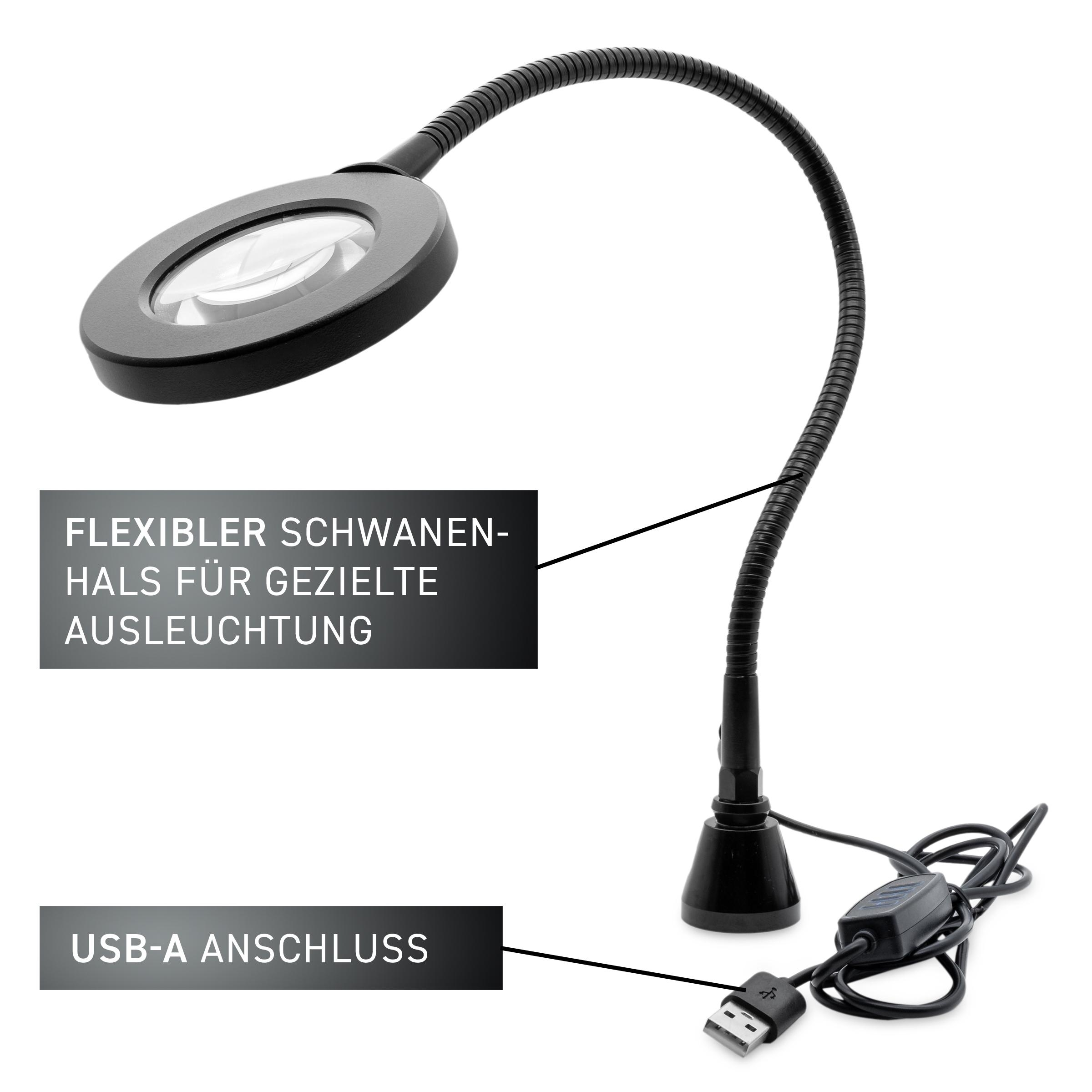Schwarze, flexible Lupenlampe mit USB-A-Anschluss, weißer Hintergrund.