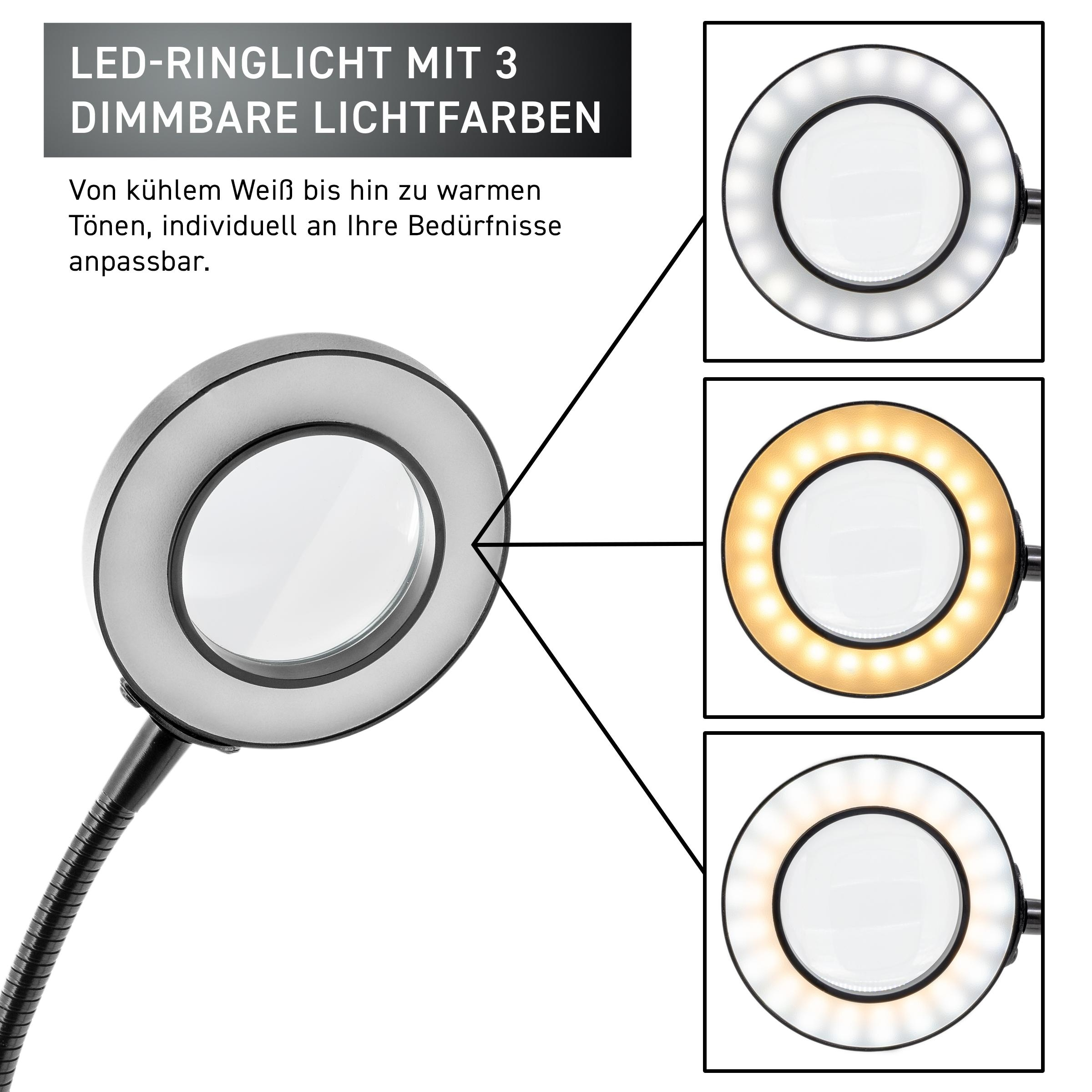 Eine Lupenlampe mit kreisförmigem Licht. Sie bietet 3 dimmbare Lichtfarben. Verschiedene Lichtfarben werden gezeigt.