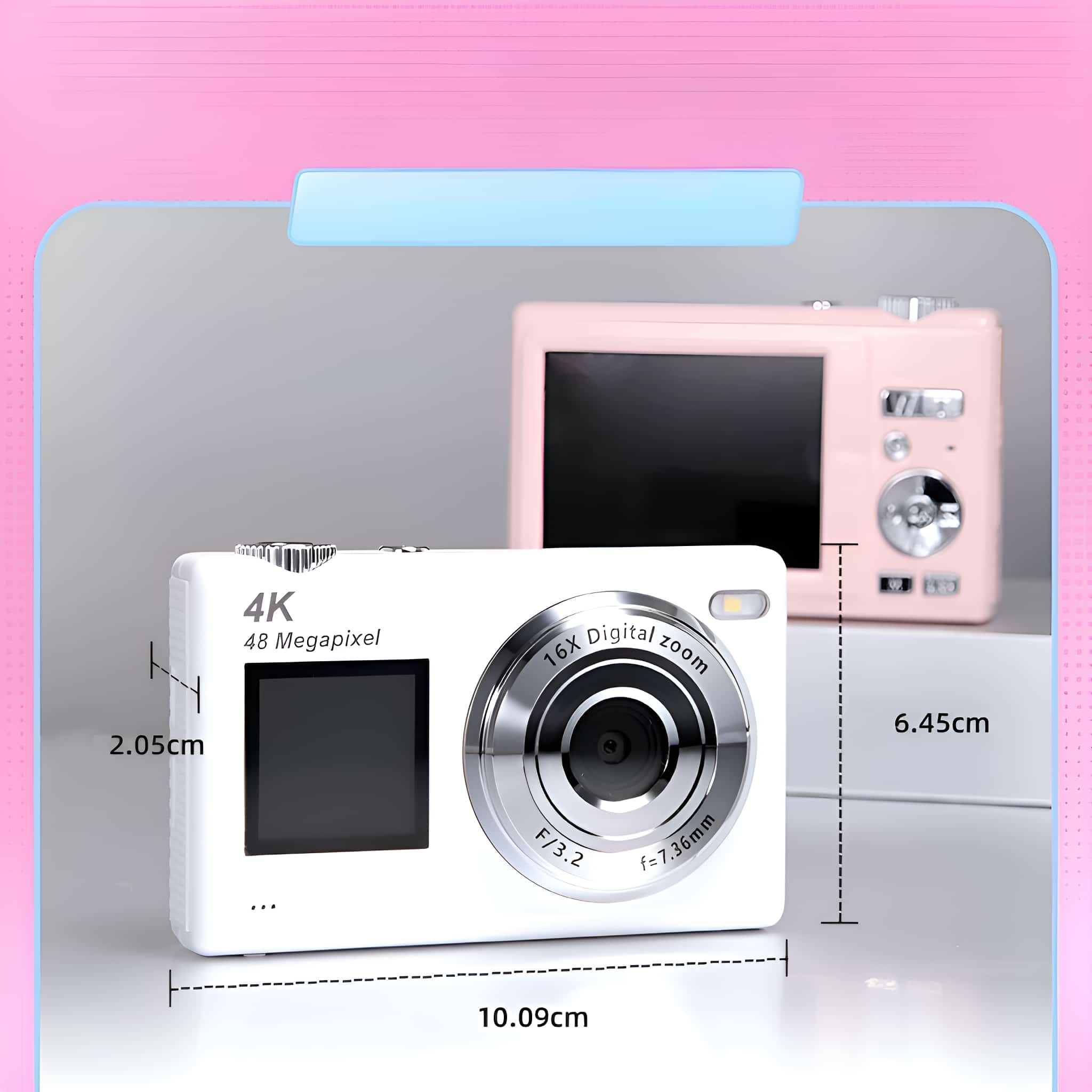 Zwei weiße Digitalkameras, eine im Fokus, mit rosa Hintergrund und angegebenen Abmessungen.