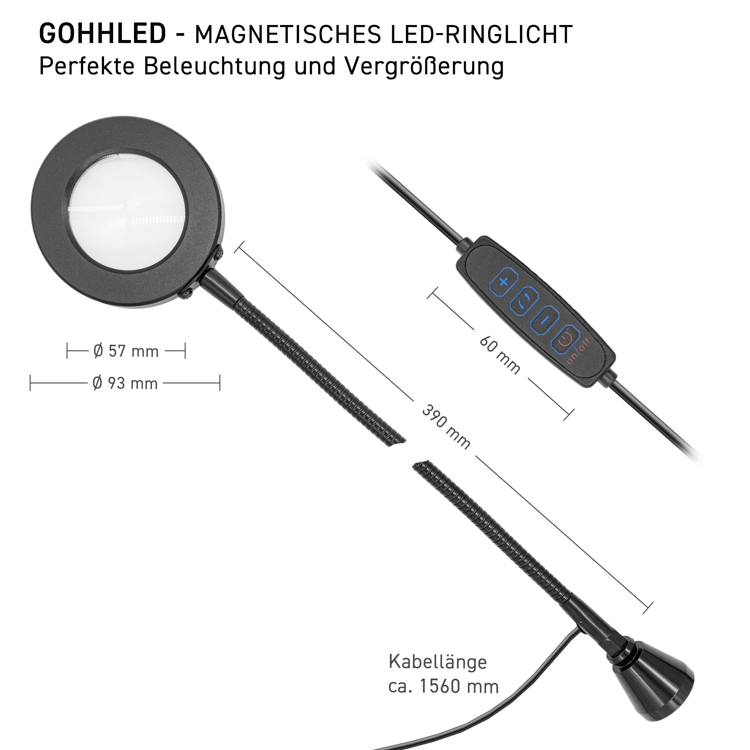Eine Lupe mit flexiblem Hals und Bedienfeld. Abmessungen werden ebenfalls angezeigt.