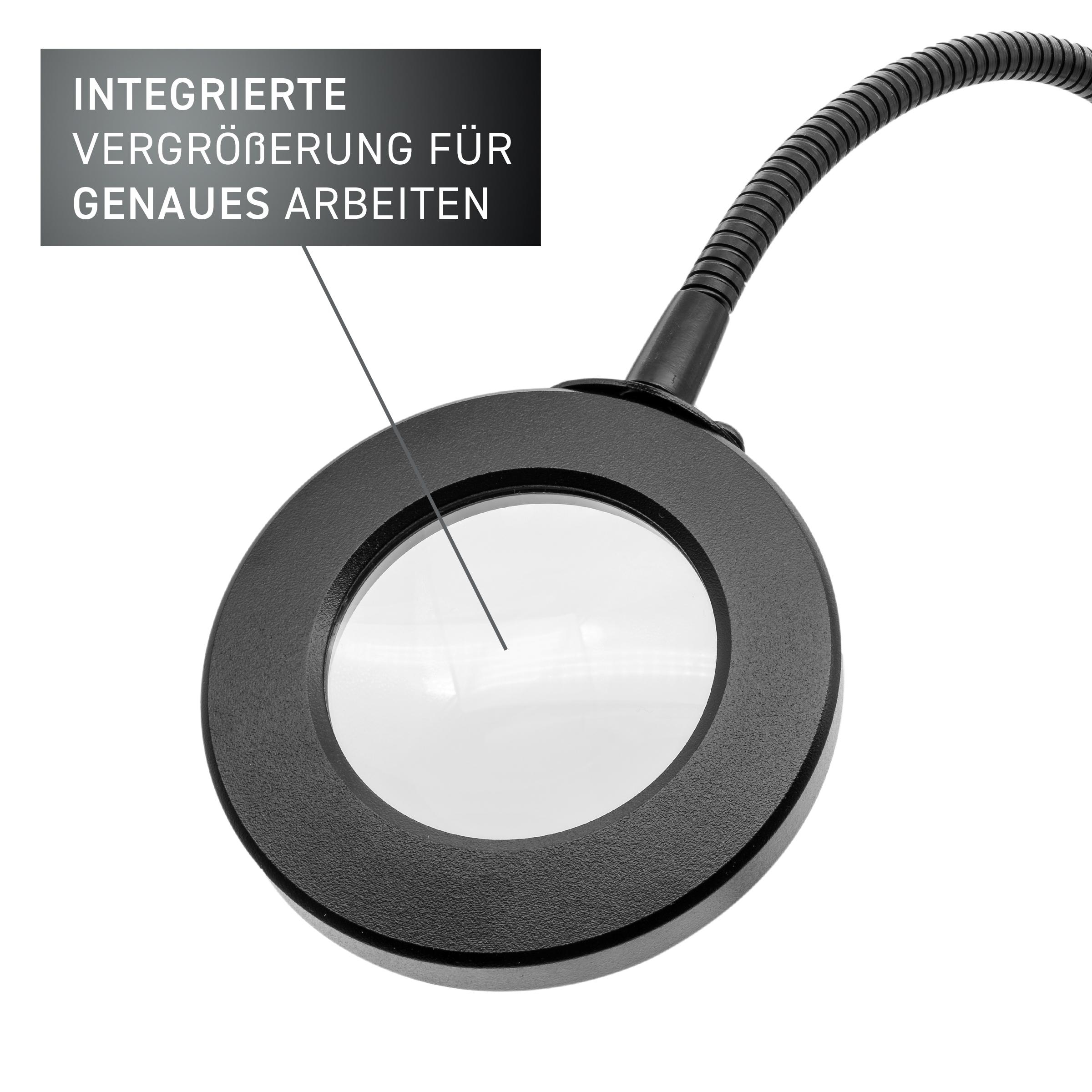 Eine Lupe mit flexiblem Hals. Text: „Integrierte Vergrößerung für präzises Arbeiten“.
