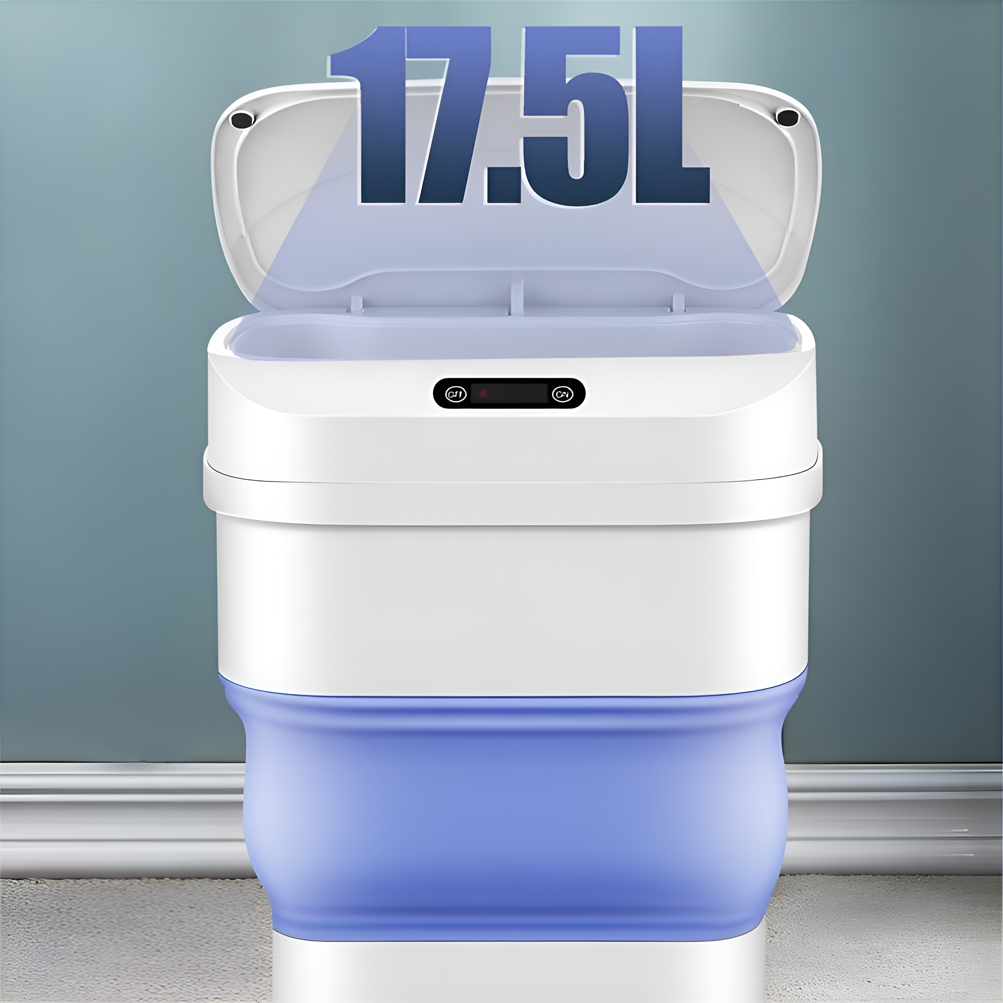 Ein weiß-blauer Mülleimer. Der Deckel ist offen und zeigt ein Fassungsvermögen von 17,5 l. Der Behälter steht auf einem Boden.