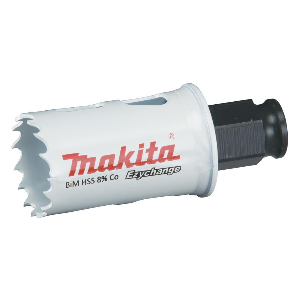 Makita Lochsäge mit Schneidezähnen, mit schwarzem Aufsatz auf weißem Hintergrund.