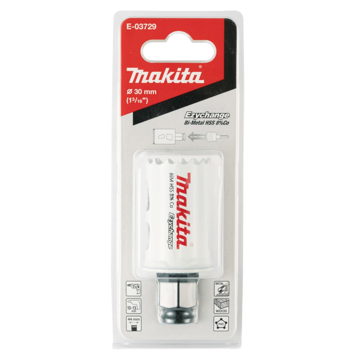Ein Makita Ezychange Lochsägen-Set in einer Verpackung, mit einer weißen und silbernen Säge.