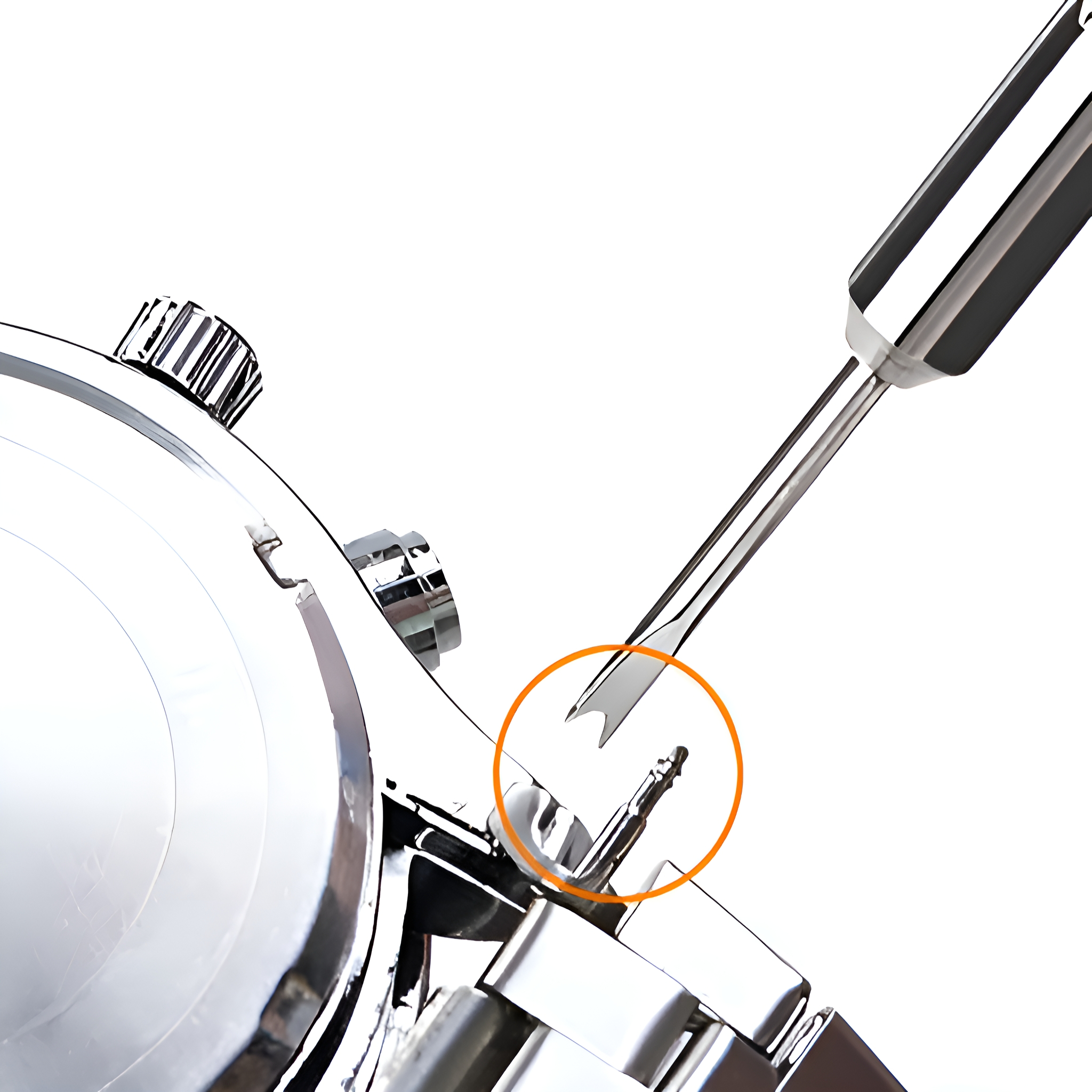 Eine Uhr, bei der ein Uhrenstift mit einem Werkzeug entfernt wird.