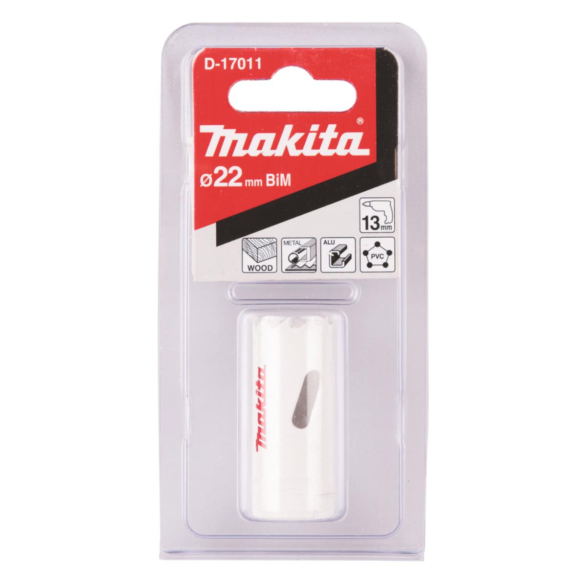 Makita Lochsäge in Verpackung. Säge ist weiß, mit einer schwarzen Schneide.