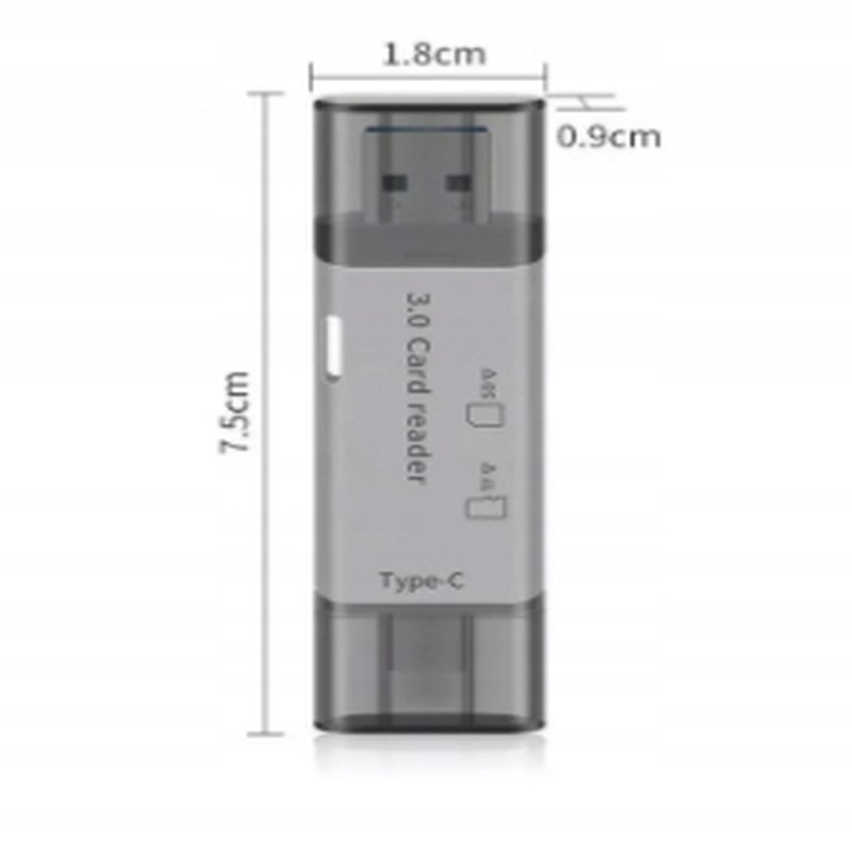 Srebrny czytnik kart 3.0 z wyświetlonymi wymiarami, z portem typu C na dole.