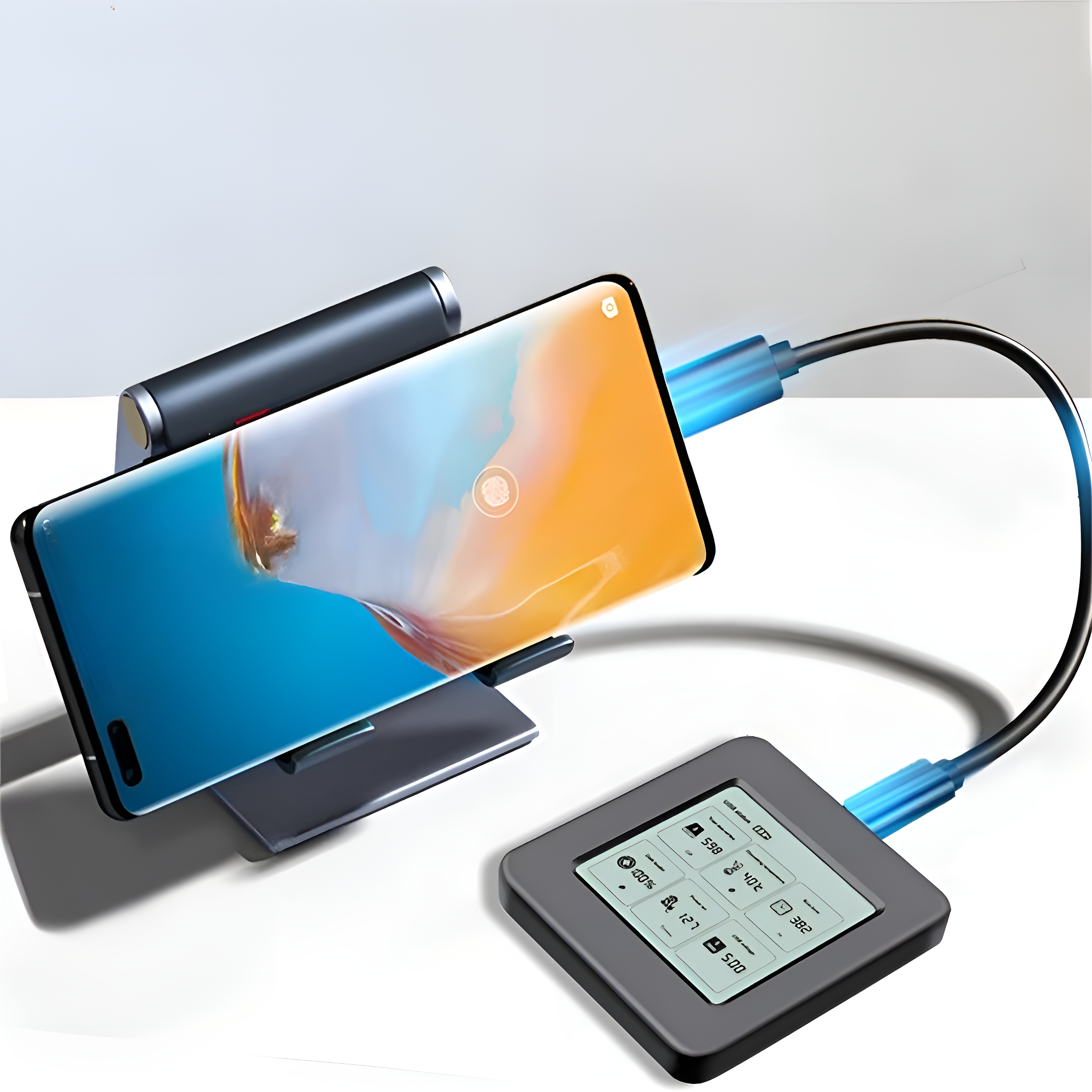 Smartphone auf Ladestation, verbunden mit Digitalanzeige, Kabel vorhanden. Weißer Hintergrund.