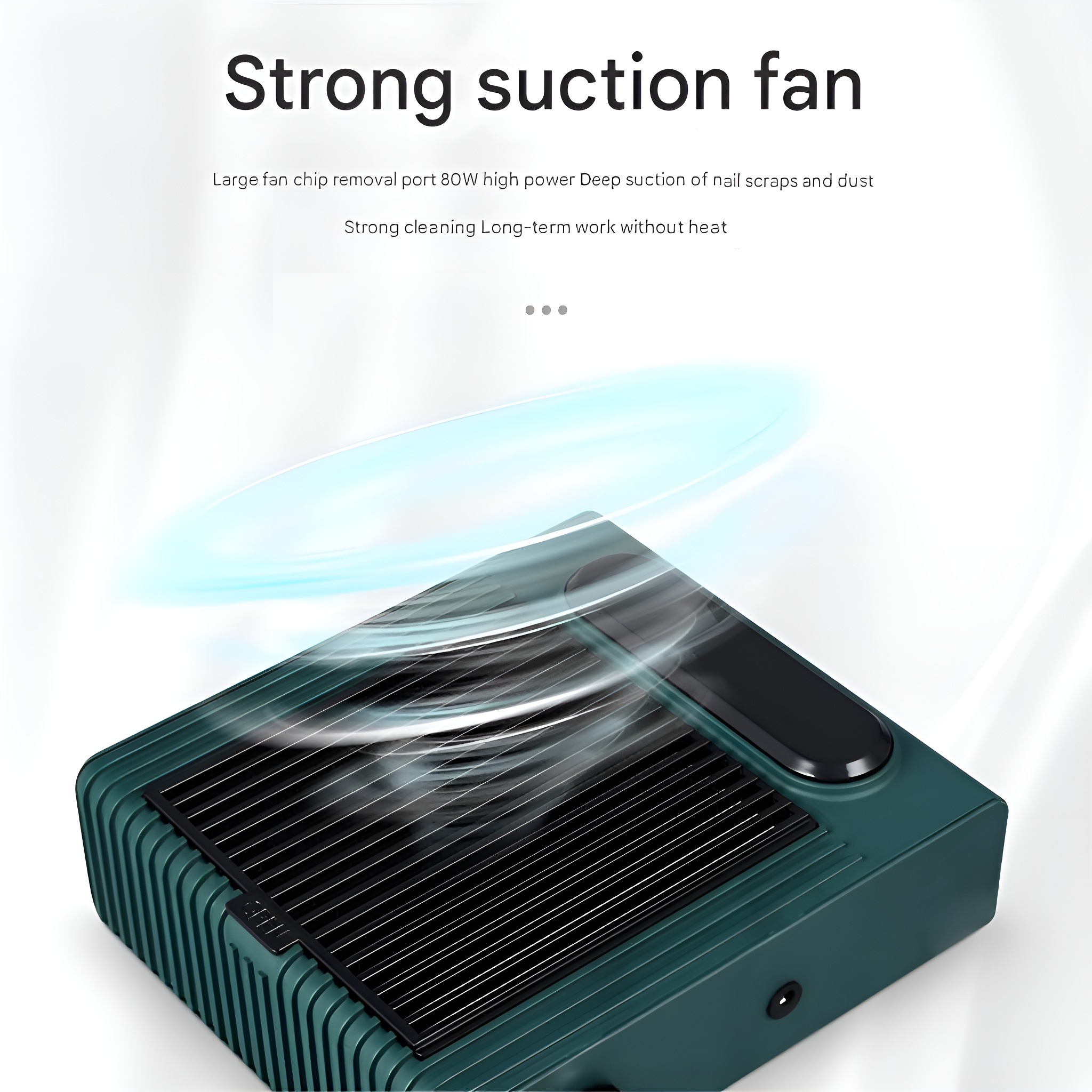 Grüner Saugventilator mit schwarzem Grill. Weißer Text oben. Blauer Luft-Effekt.