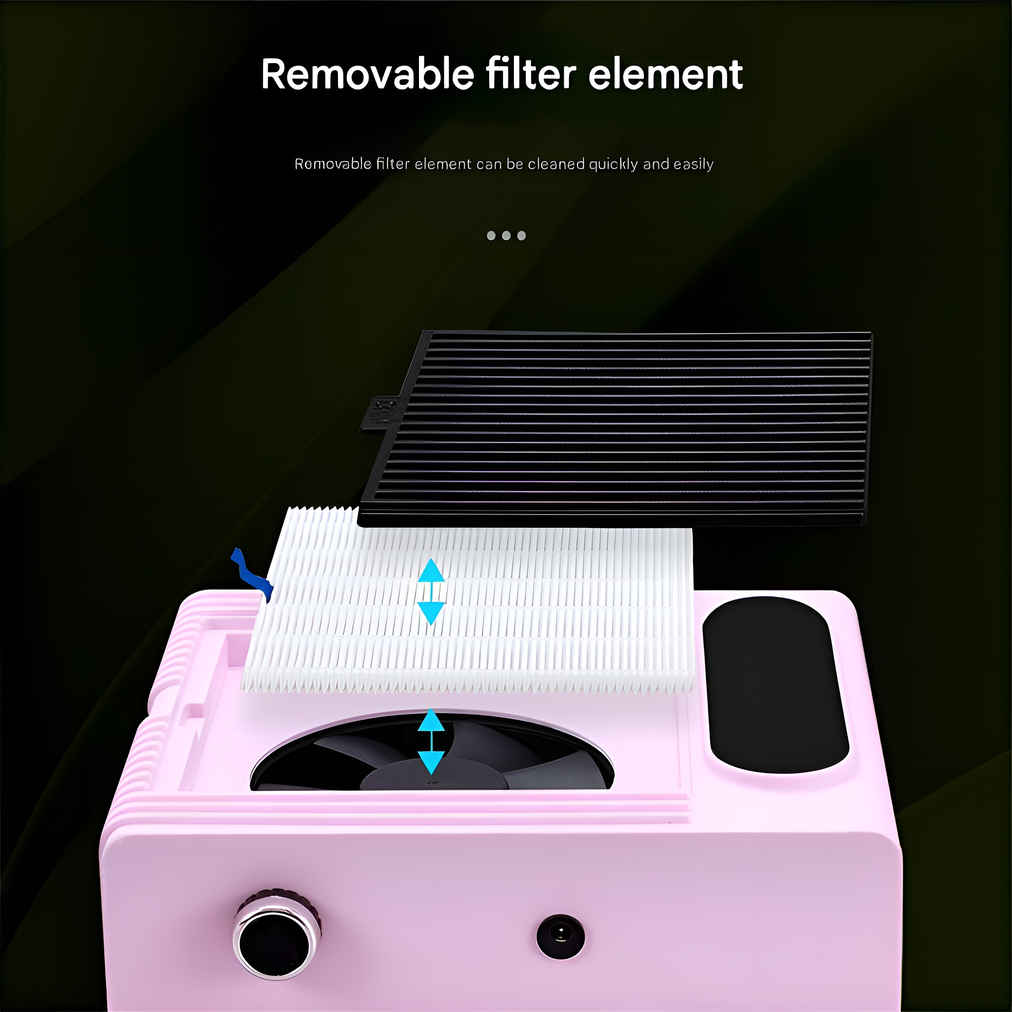 Pinker Luftreiniger mit schwarzem Filter und kleinem Knopf. Dunkler Hintergrund.