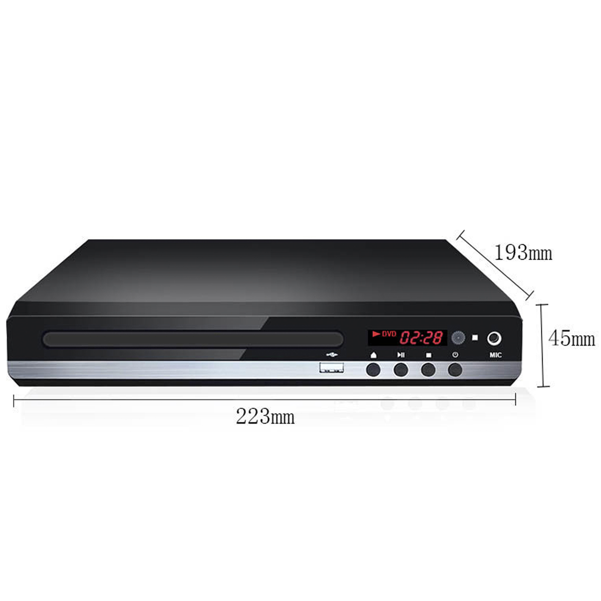 Ein schwarzer DVD-Player mit Abmessungen. Er hat ein Display mit '02:28' und Tasten.