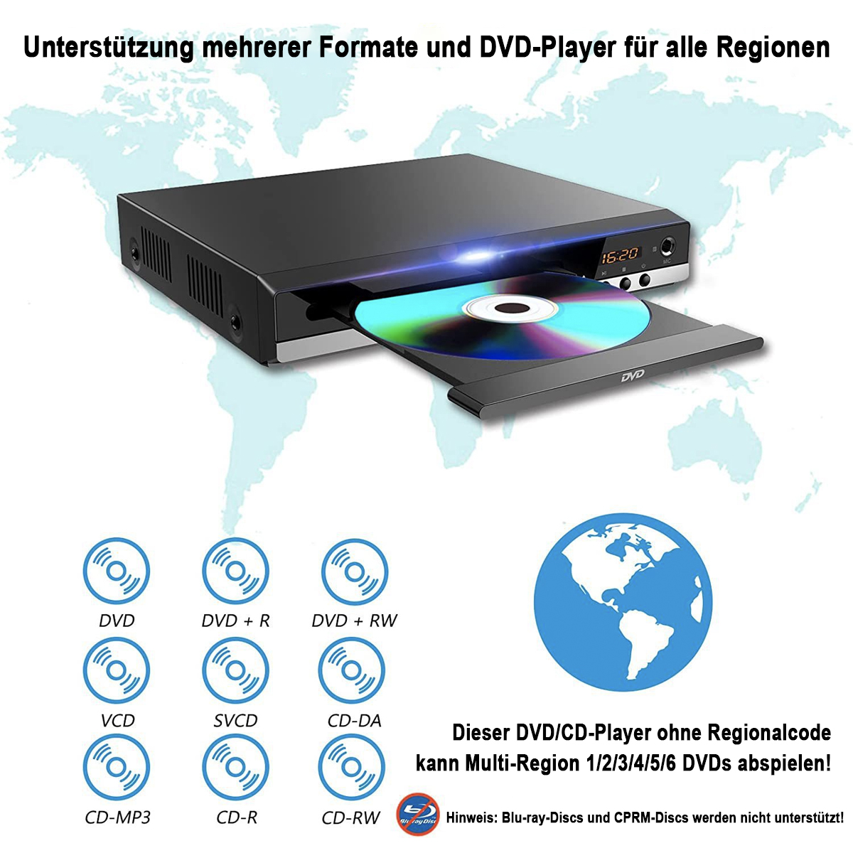 Schwarzer DVD-Player mit teilweise ausgeworfener Disc, mit Weltkarten-Grafik und Icons für Disc-Formate.