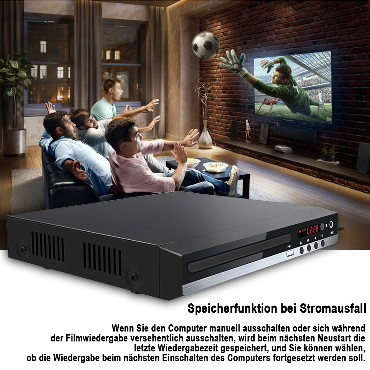 DVD-Player, Leute schauen Fußball im Fernsehen. Der Player ist im Fokus.