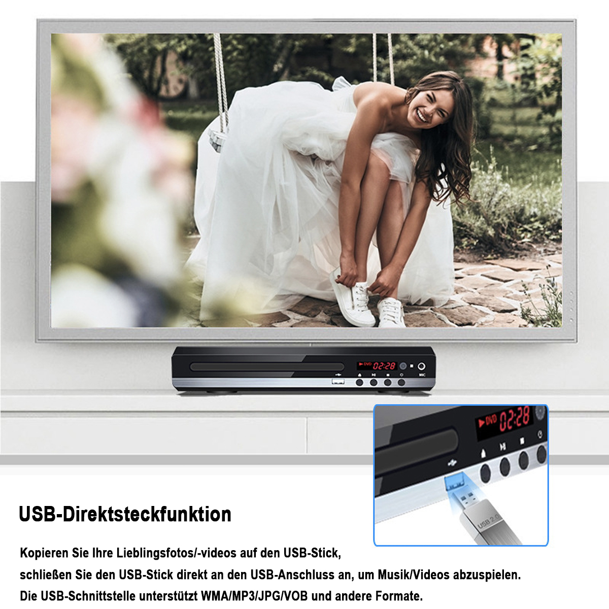 Ein DVD-Player, der an einen Fernseher angeschlossen ist, der eine Frau zeigt, die ihre Schnürsenkel bindet, mit einem eingesteckten USB-Laufwerk.