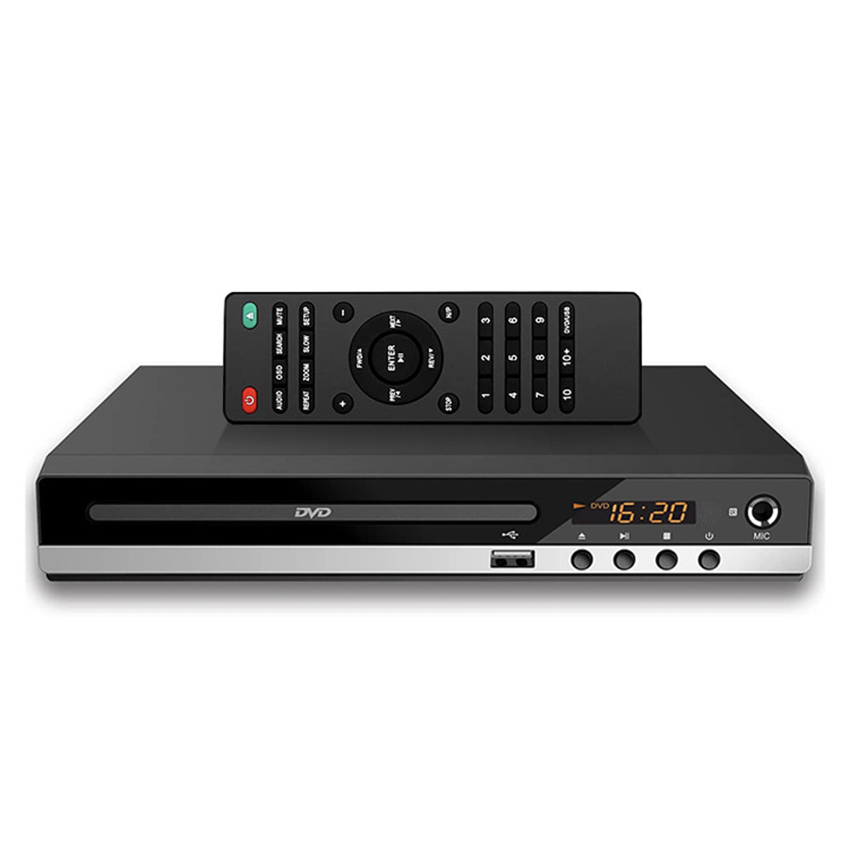 DVD-Player mit Fernbedienung auf weißem Hintergrund.
