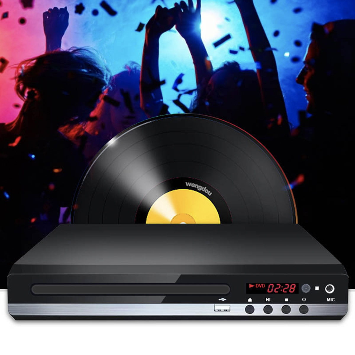 DVD-Player mit Schallplatte, tanzende Menschen im Hintergrund.