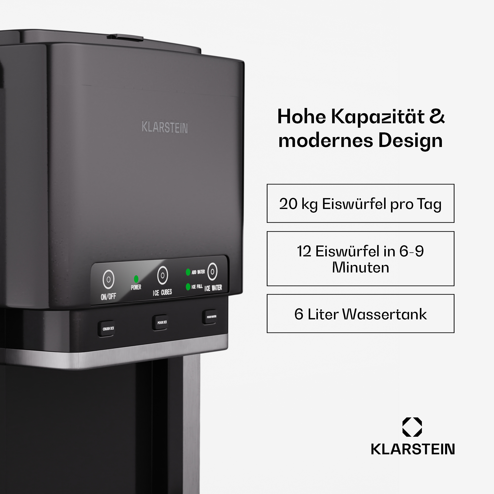 Schwarzer Eisbereiter mit Text. Knöpfe und Text zur Eisproduktion.
