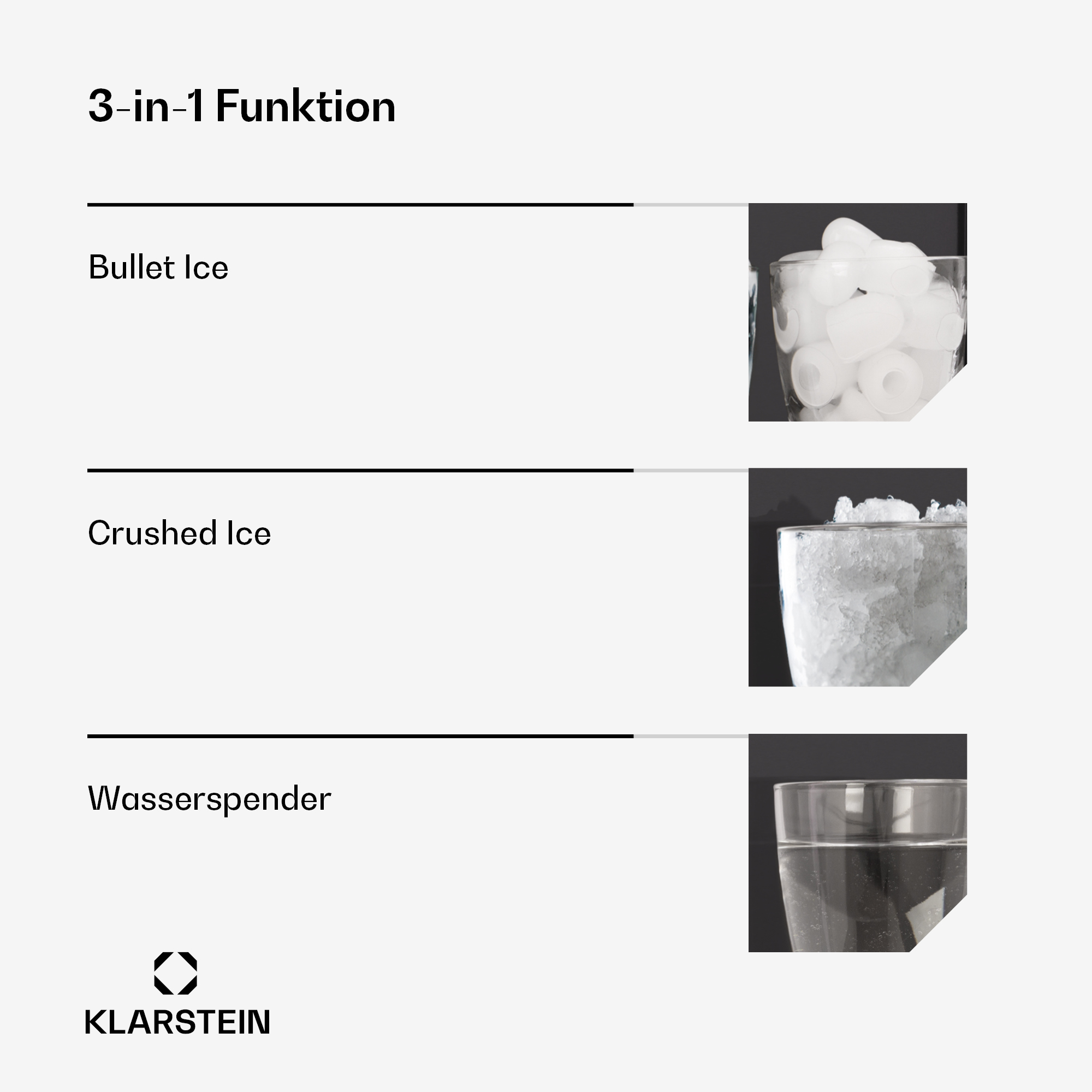 Das Bild zeigt Eiswürfel, Crushed Ice und Wasser in Gläsern, beschriftet mit '3-in-1 Funktion'.