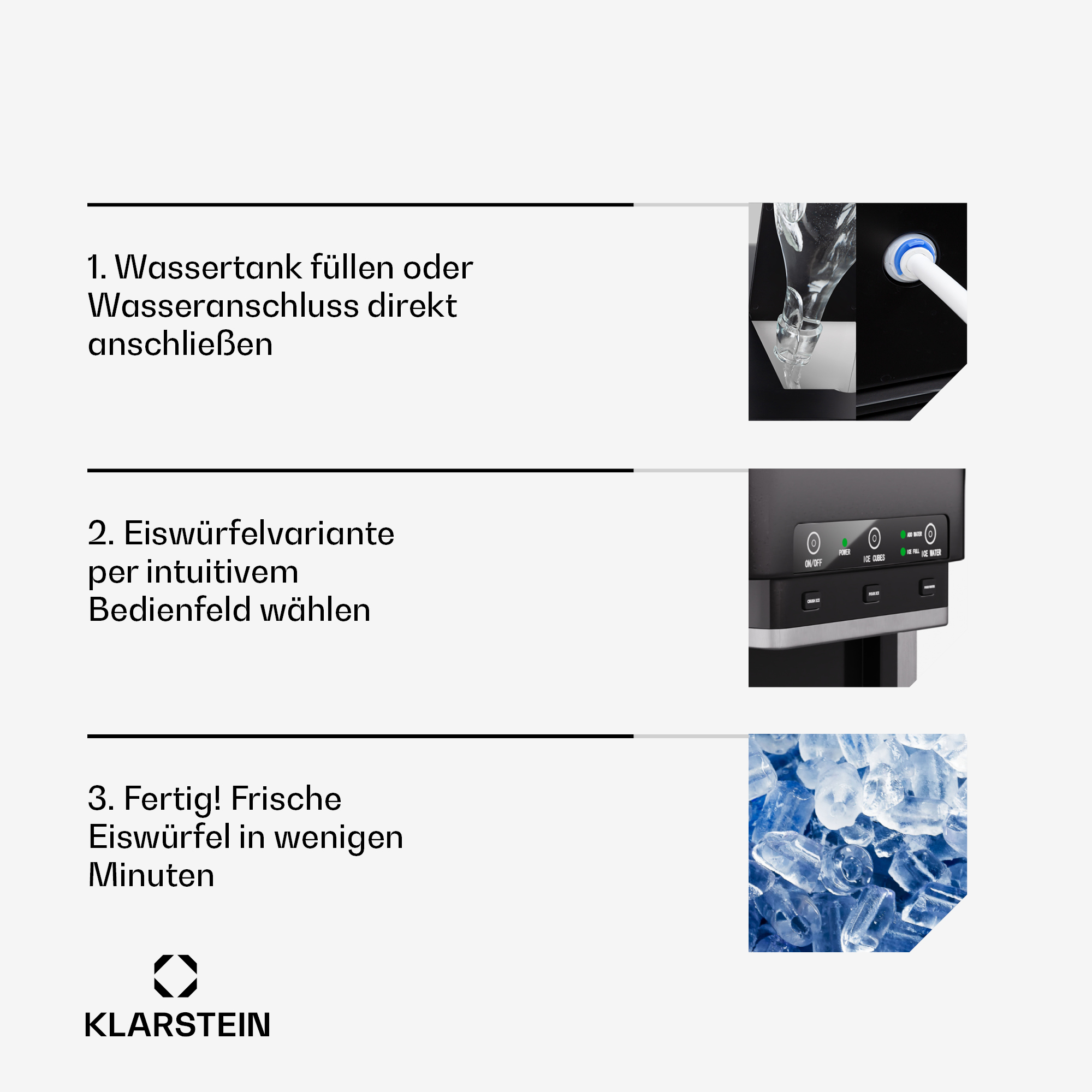 Anweisungen für eine Eismaschine. Es zeigt das Befüllen des Tanks, die Auswahl der Einstellungen und Eiswürfel.