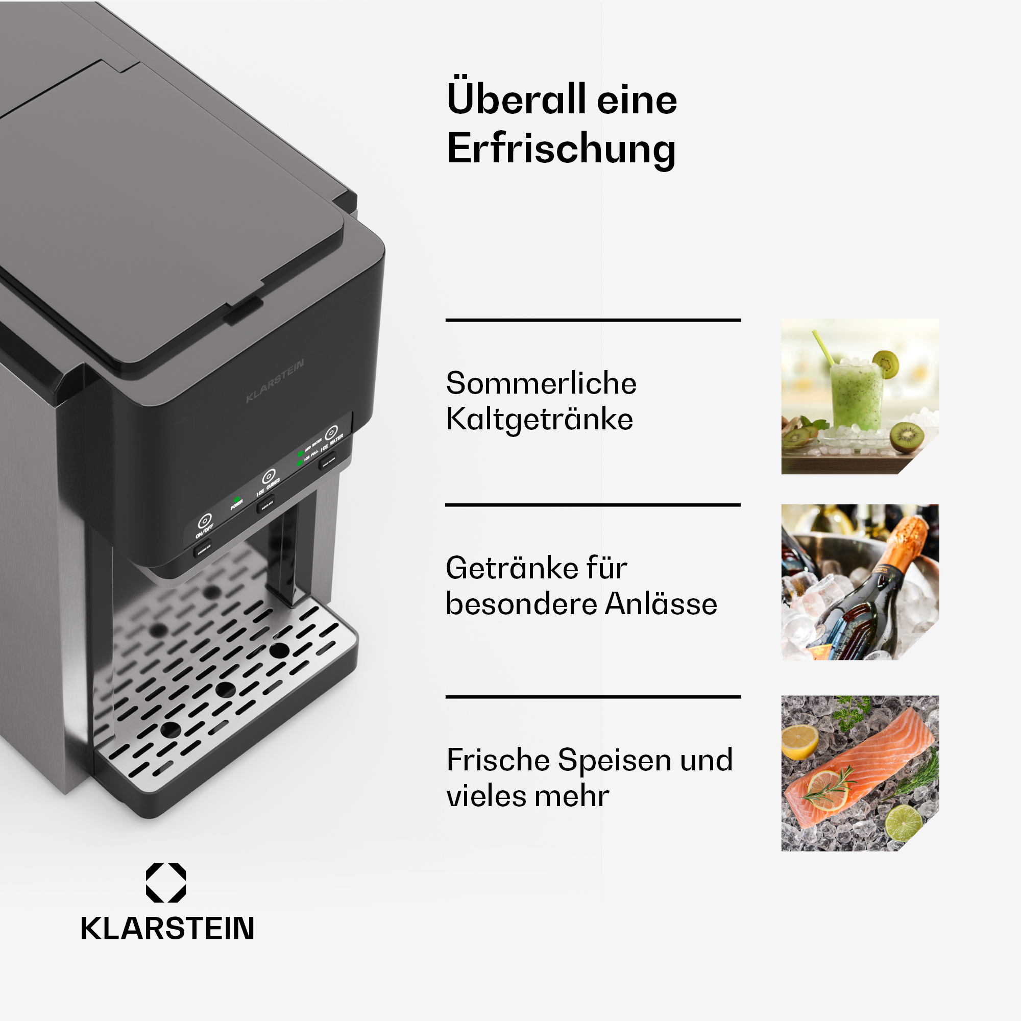Ein silber-schwarzer Getränkeautomat mit Bildern von Getränken und Speisen. Weißer Hintergrund.