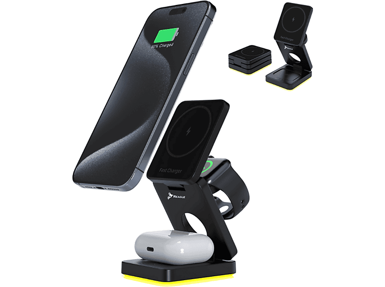 REAGLE 3in1 15W Wireless Ladegerät iPhone Watch AirPods Ladestation Apple, Samsung (mit MagSafe-Hülle), andere Qi-kompatible Geräte, 9 Volt, Schwarz