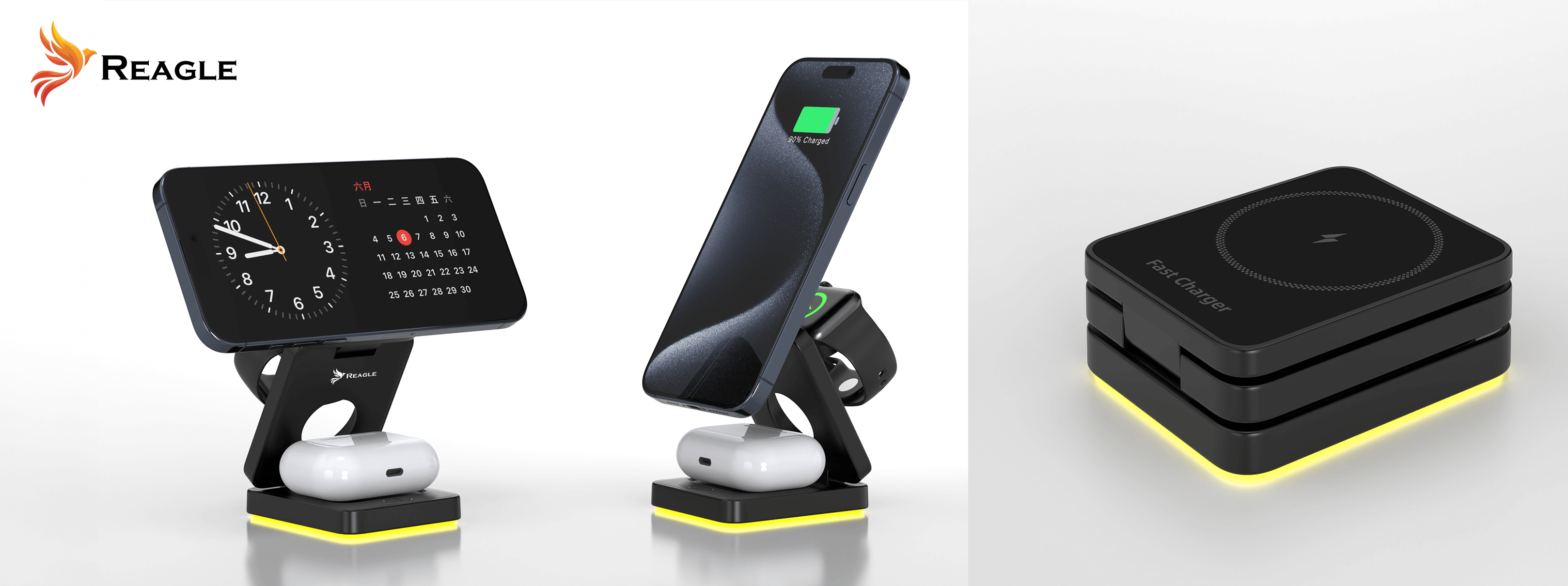 Bezprzewodowa stacja ładująca z telefonem, zegarkiem i słuchawkami.